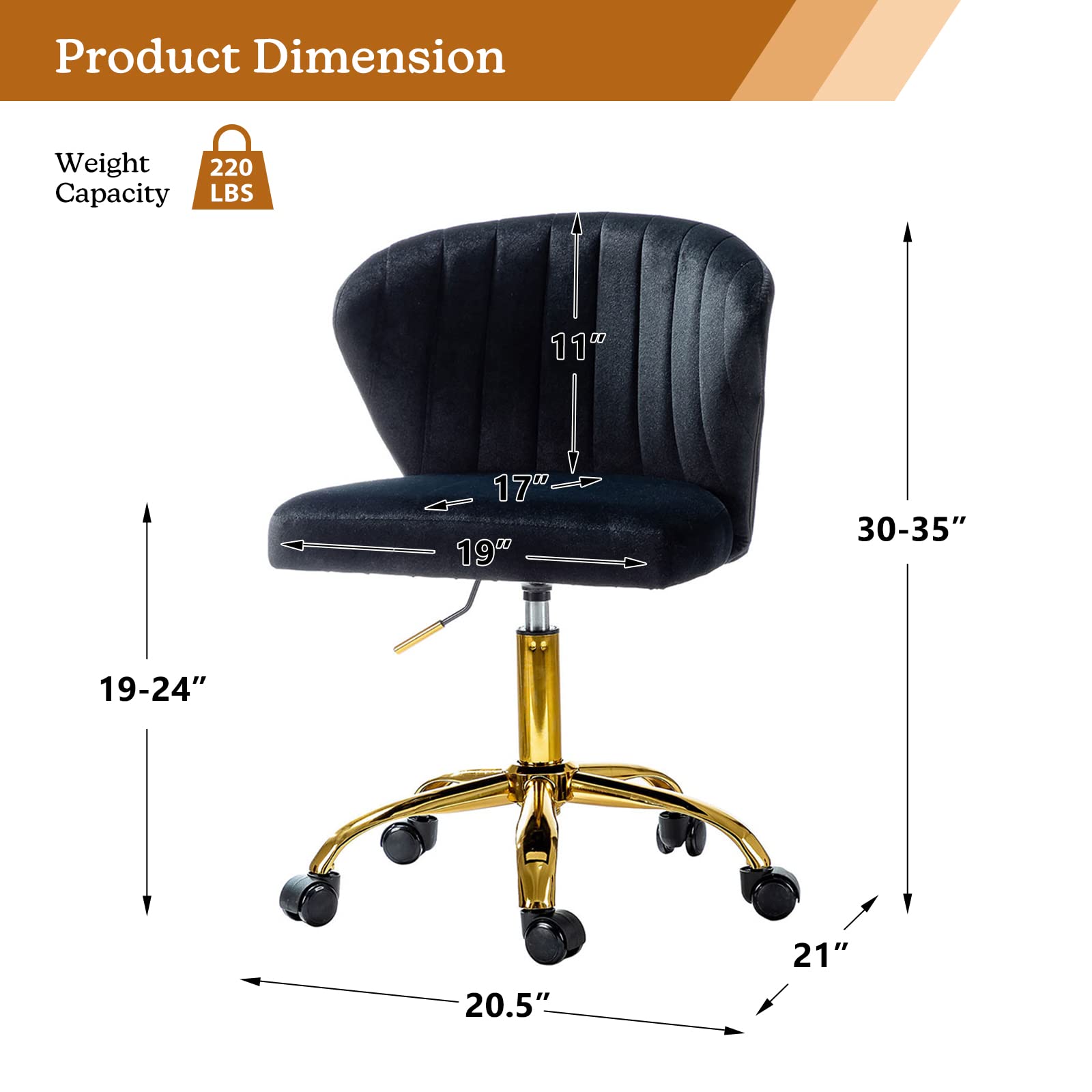 TINA'S HOME Modern Velvet Office Chair with Wheels - Adjustable Low Back Swivel Rolling Task Chair, Gold Base Armless Design for Home Office, Living Room, Vanity or Study - Black | Ergonomic Workspace & Reading Solution