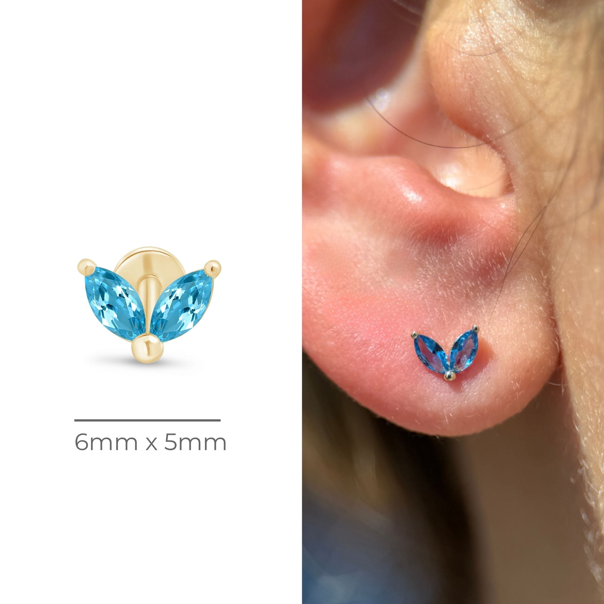 14K Yellow Gold London Blue Topaz Double Marquise Flat Back Stud Earrings - Perfect for Weddings, Parties & Everyday Elegance