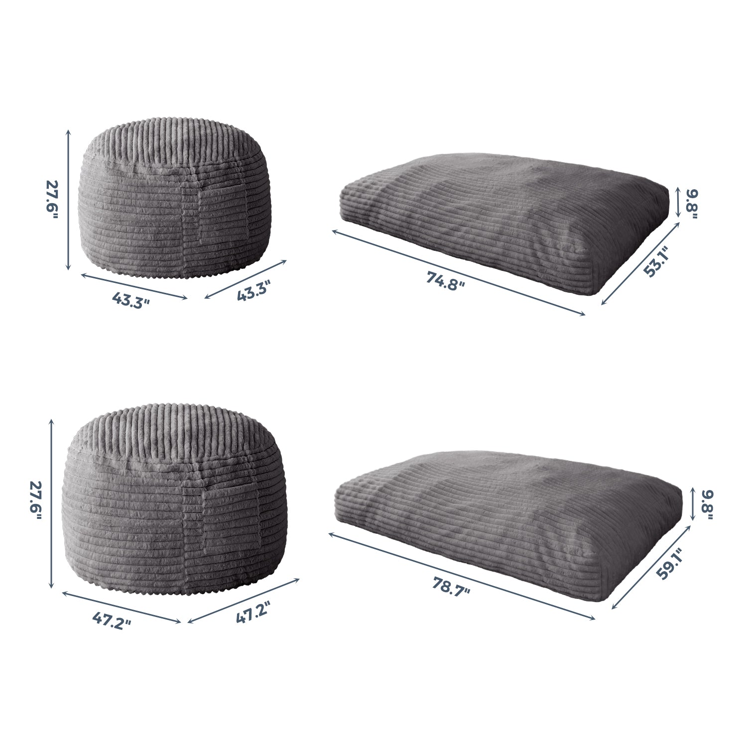 MAXYOYO Giant Bean Bag Chair Bed - Extra Large Striped Faux Fur Beanbag for Adults & Teens, Grey - Perfect for Living Room, Bedroom, Game Room & Dorm Relaxation