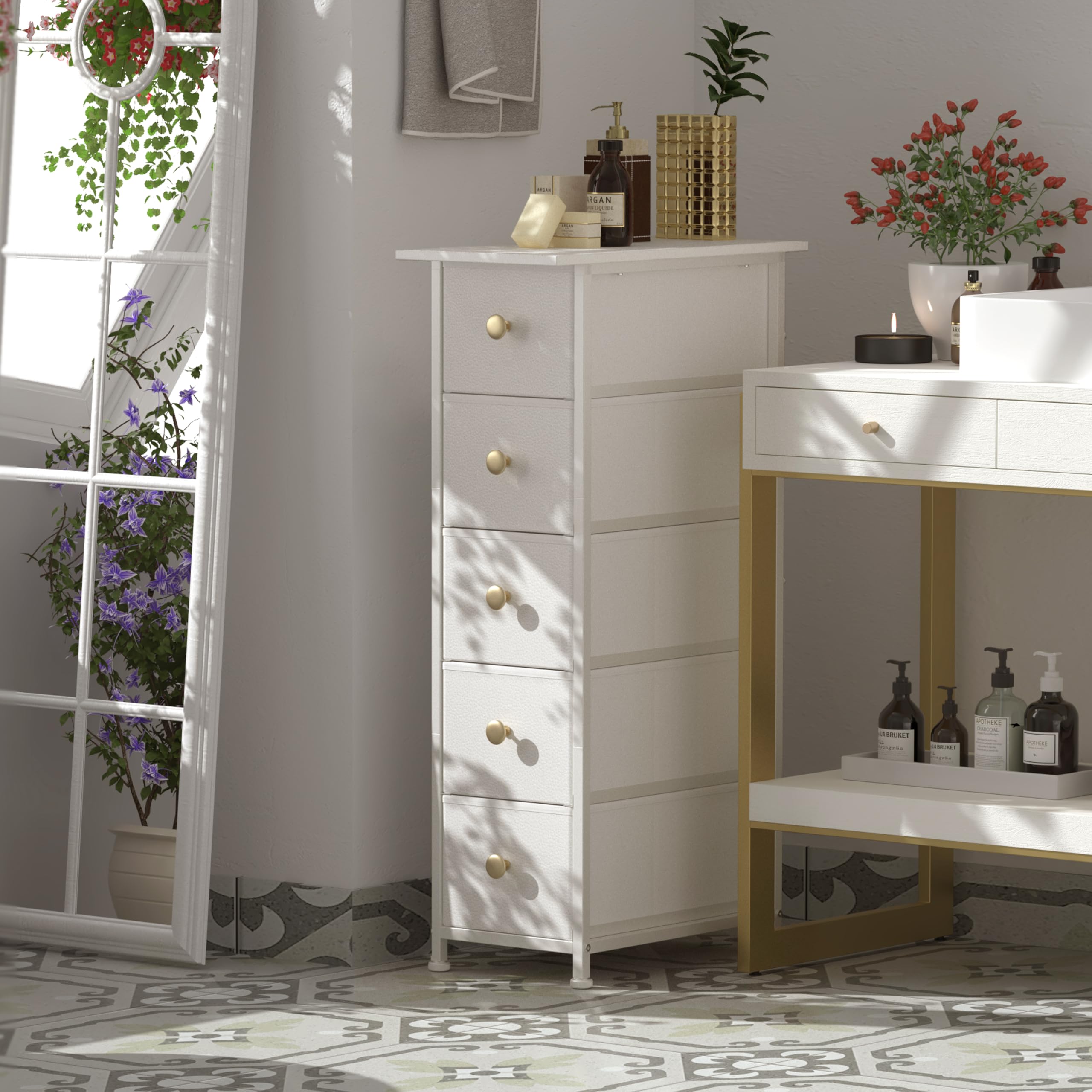 Narrow Vertical Slim Dresser Cabinet - 5 Drawer Skinny Storage Tower for Small Spaces, Gaps, Closet, Bedroom & Bathroom | Space-Saving Fabric Drawer Unit (White) | Perfect for Apartments, Dorms & Tiny Homes