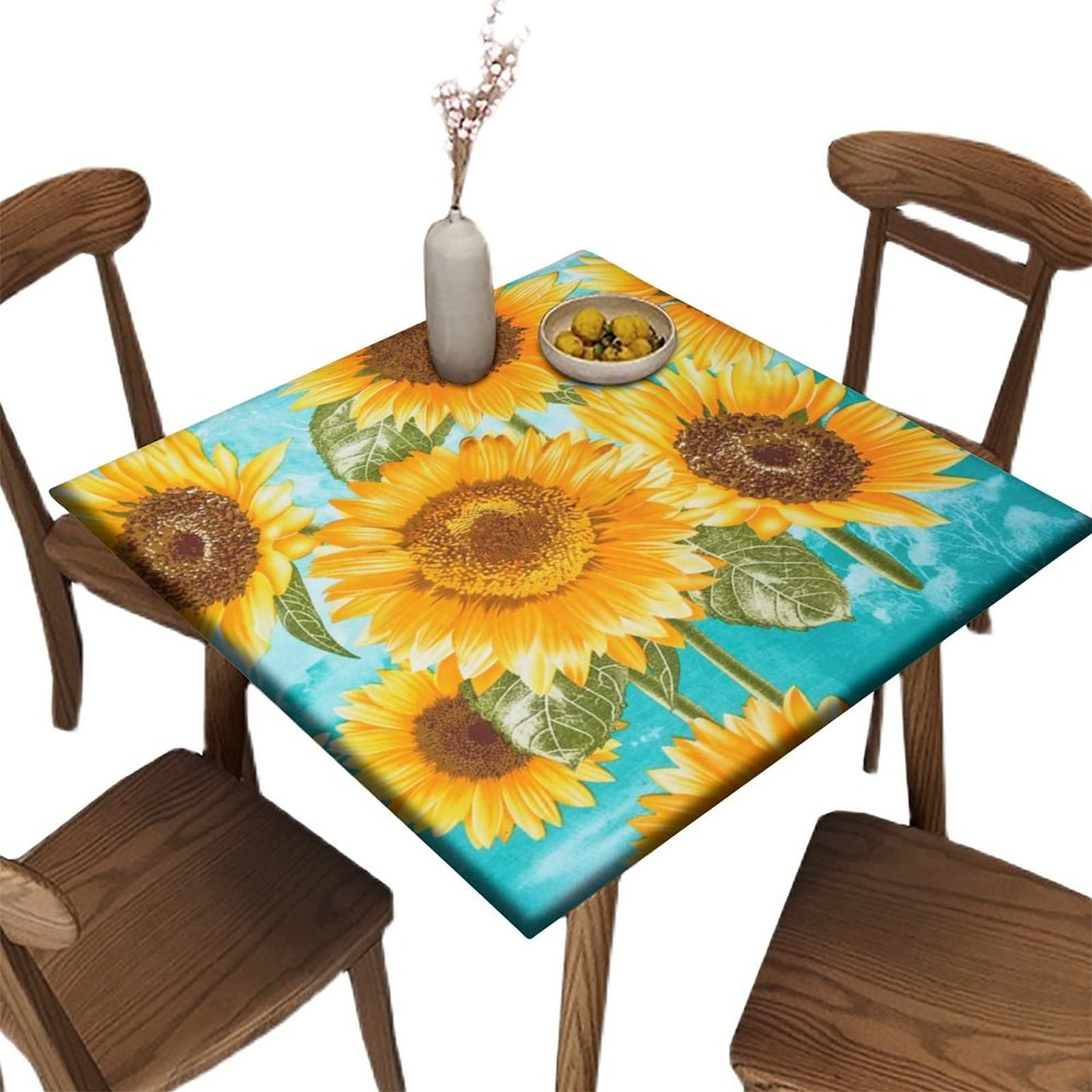 SongYi Vintage Sunflower Oil Painting Tablecloth - Elastic Edged Square Table Cover, Washable Polyester Fabric for Restaurants, Indoor & Outdoor Party Decor (Fits 32'' x 32'') - Perfect for Dining Tables, Picnics, and Special Events