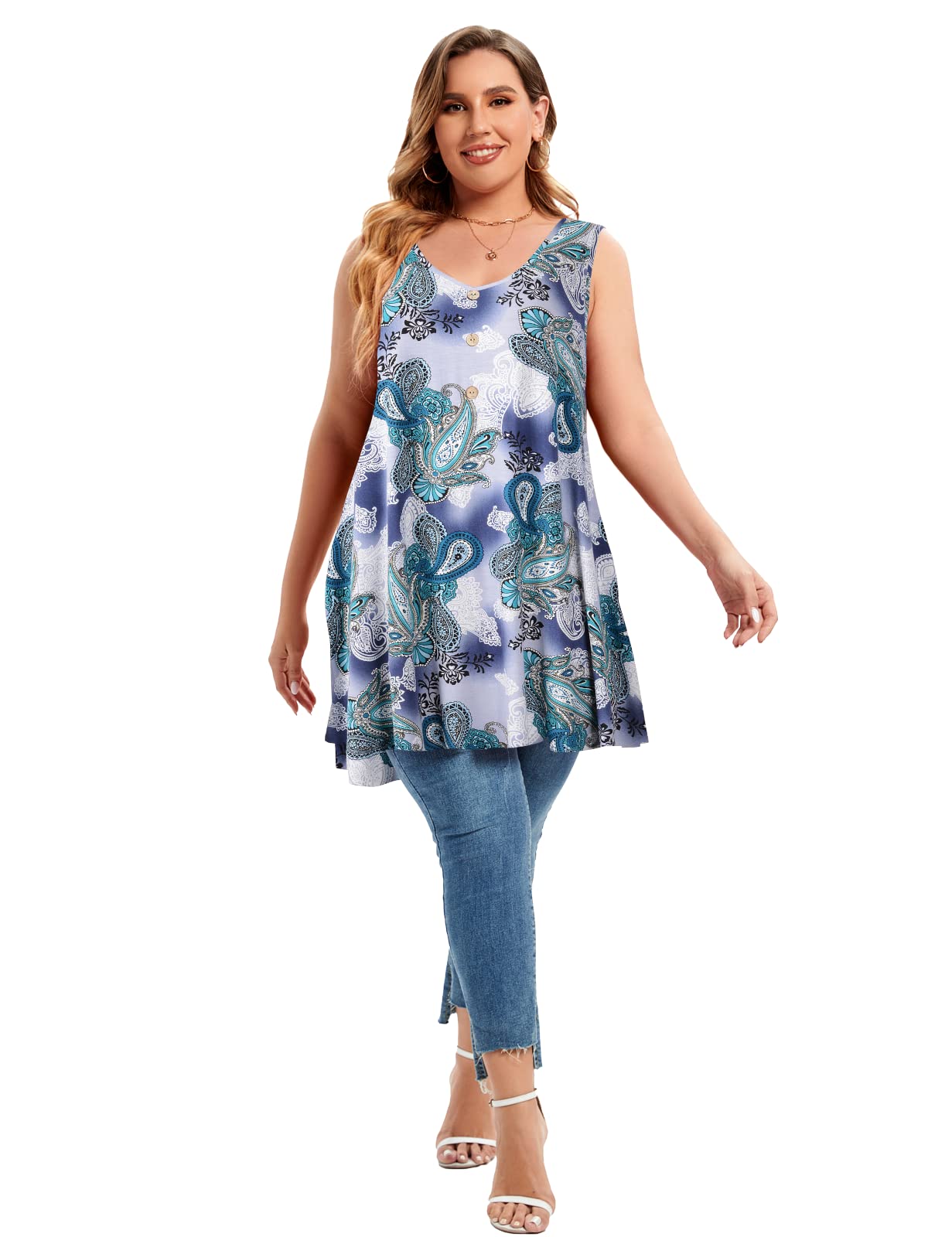 MONNURO Plus Size V Neck Button Down Tank Top for Women - Flowy Sleeveless Summer Tunic Shirt - Casual Comfort for Beach, Vacation & Everyday Wear