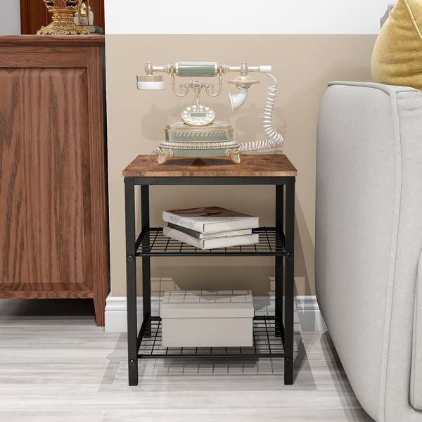 3-Tier End Table with Shelf - Rustic Brown & Black Side Table Nightstand with Wood Top & Metal Frame for Bedroom, Living Room, Office - Easy Assembly Storage Shelf for Books, Lamps & Decor