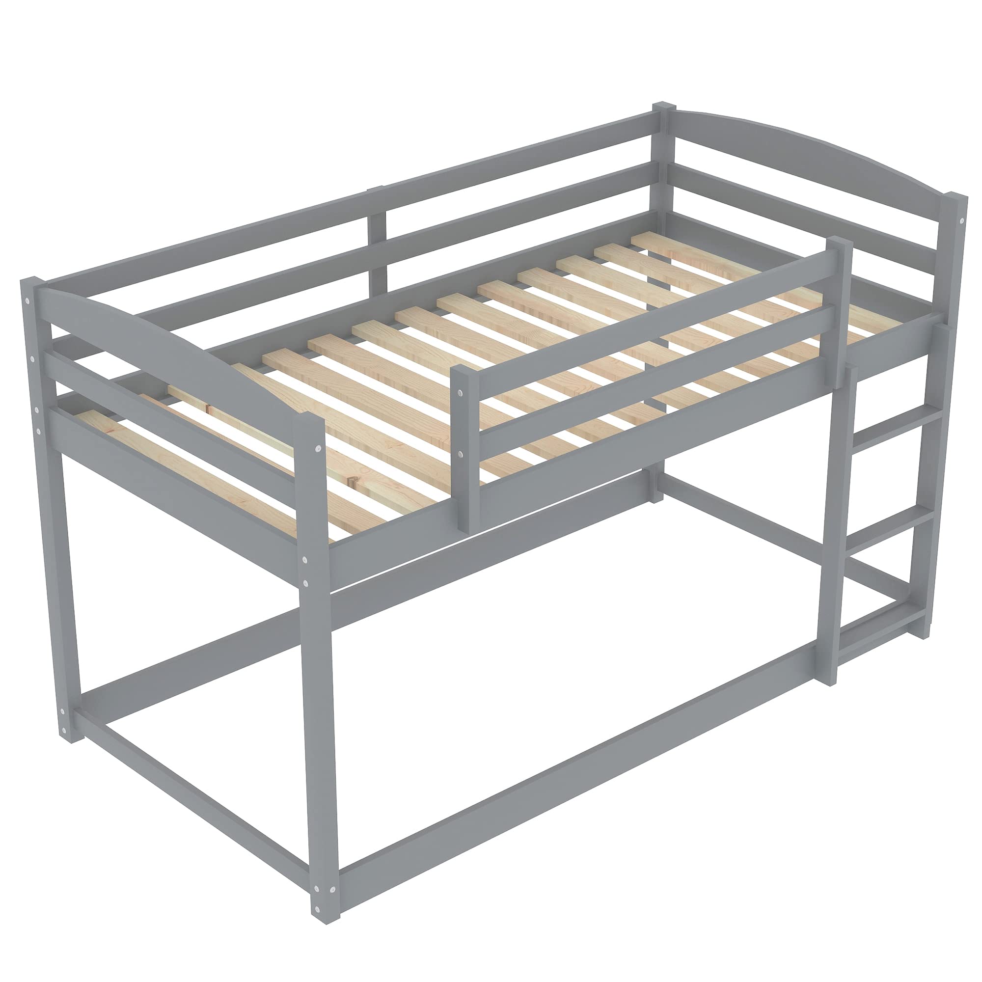 Twin Over Twin Solid Wood Bunk Bed with Ladder & Safety Guardrails - Space Saving Low Bunk Bed Frame with Slats for Teens Bedroom - No Box Spring Needed - Gray - Perfect for Small Rooms, Kids' Bedrooms & Vacation Homes