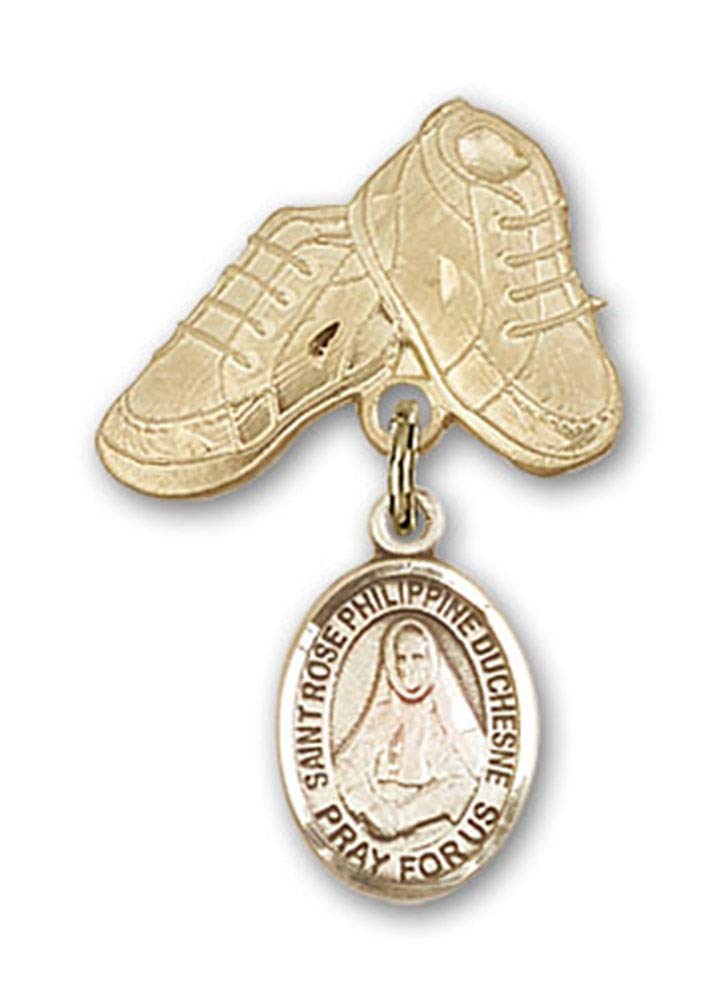 Gold Filled Baby Badge with St. Rose Philippine Charm & Baby Boots Pin - Handmade in USA | Religious Jewelry for Baptism, Christening & First Communion Gifts