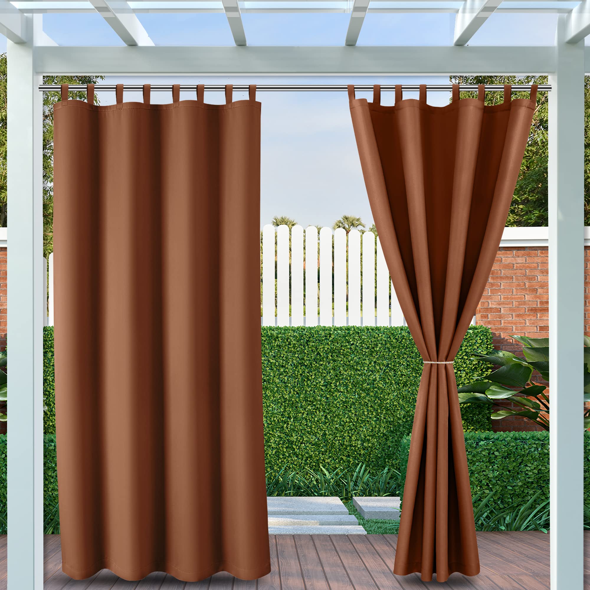 4 Panels Waterproof Outdoor Curtains for Patio - Detachable Sticky Tab Top for Easy Hanging - Privacy Curtains for Porch, Pergola, Arbor & Cabana - Includes Tiebacks (Brown, 54