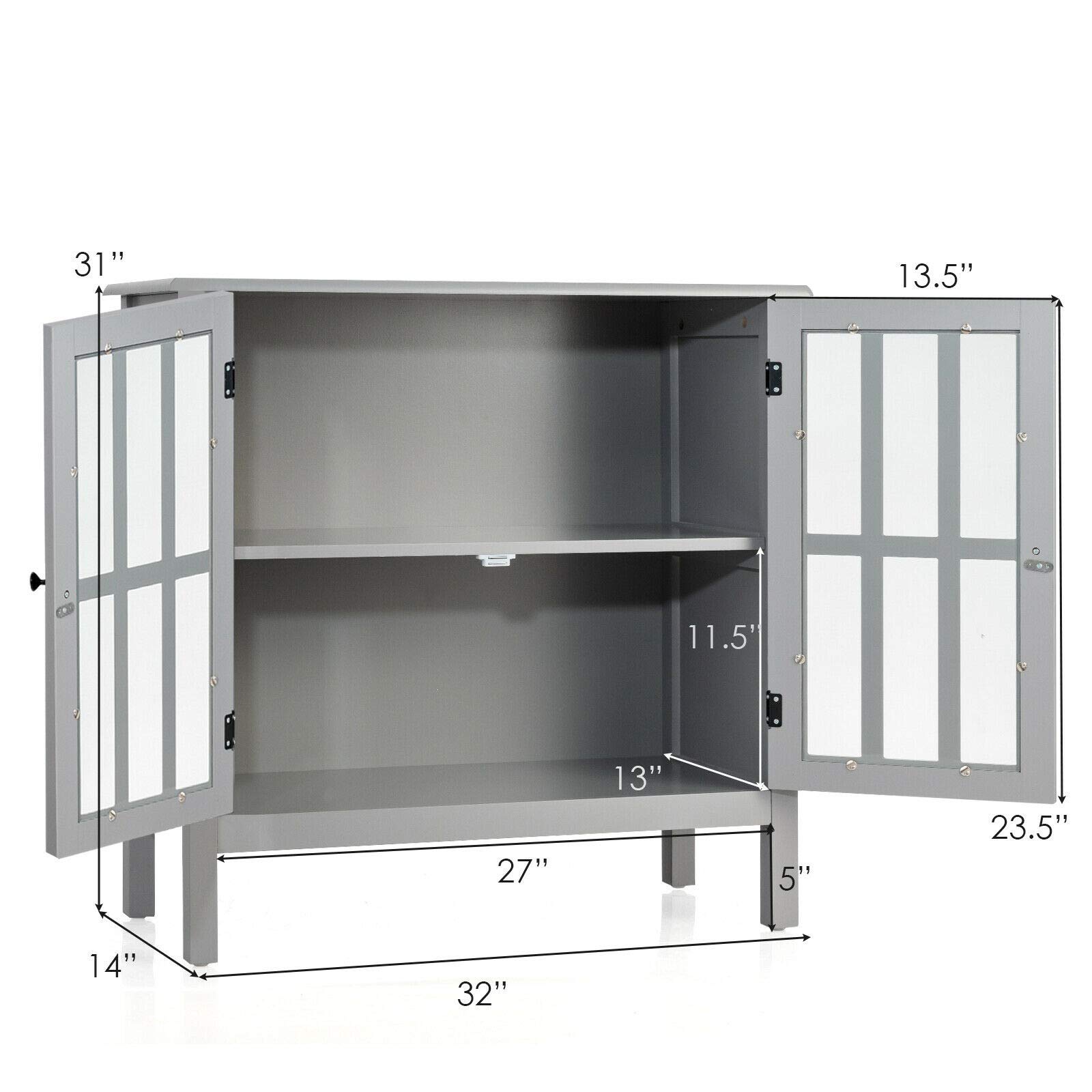 Modern Elegant Storage Buffet Cabinet Console Table Sideboard with Glass Door - Sturdy & Durable Free Standing Furniture for Bathroom, Hallway, Living Room - Perfect for Home Organization & Stylish Decor in Gray