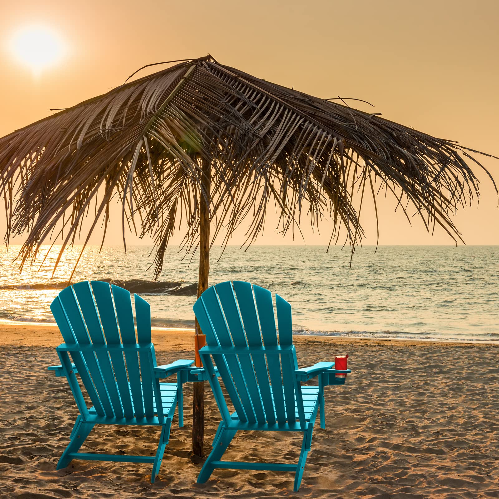 FUNBERRY 2-Pack Folding Adirondack Chairs - Heavy Duty HDPE All-Weather Outdoor Fire Pit Chairs with Cup Holders - Perfect for Patio, Backyard, Camping & Beach Relaxation