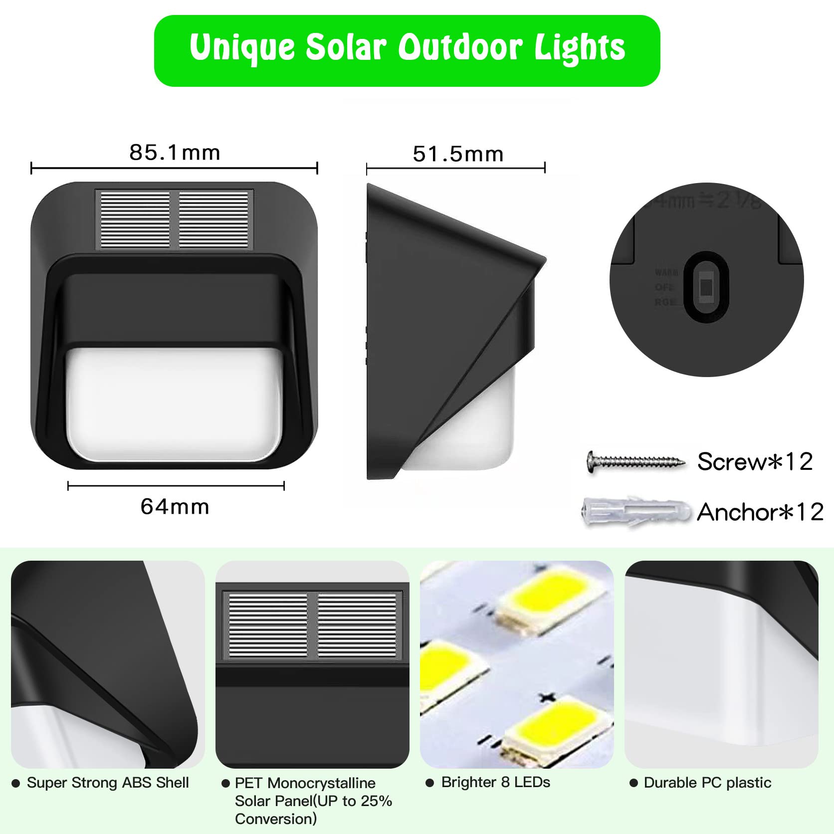 12 Pack Solar Deck Lights - Outdoor Solar Step Lights with Warm White & Cool White LEDs, Waterproof IP65 for Yard, Patio, Stairs & Fence - Perfect for Nighttime Safety and Landscape Decoration