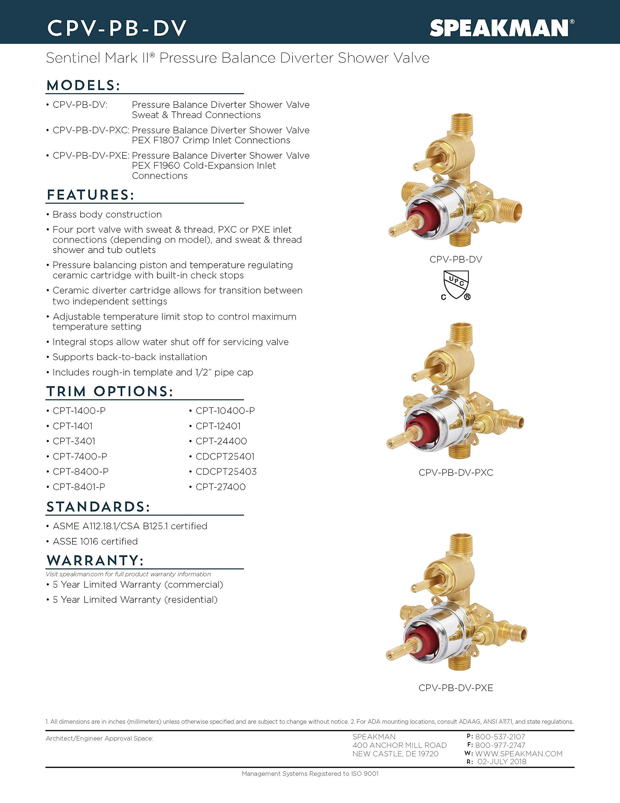 Speakman CPV-PB-DV-PXC Sentinel Mark II Pressure Balancing Diverter Shower Valve with Crimp Inlet Connections - Rough Brass Finish for Bathroom Remodel & Luxury Shower Experience