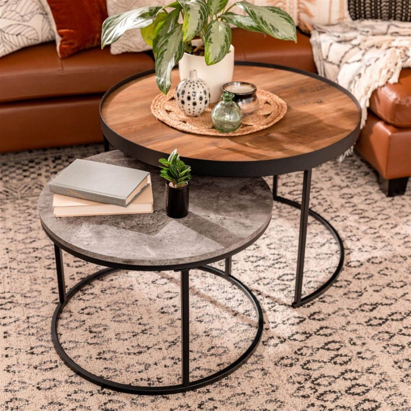 Modern Nested Coffee Table Set - Walnut & Cement Design by Urban Style for Living Room, Lounge, or Office Decor