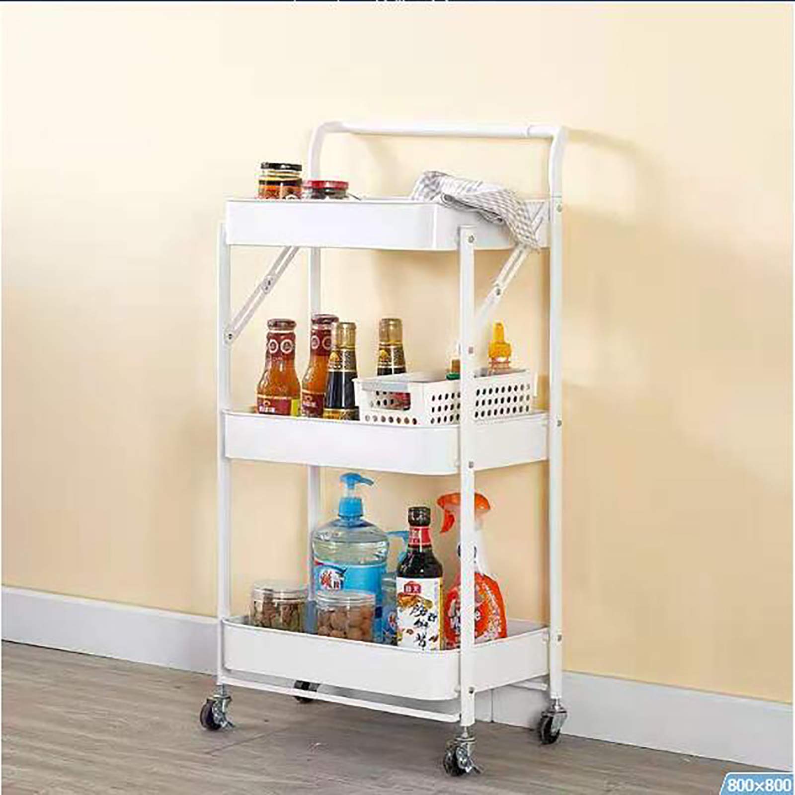 3 Tier Foldable Storage Cart with Handle - Slide Out Kitchen Organizer, High Capacity Narrow Space Tower Rack for Pantry, Bathroom & Laundry (White) - Perfect for Small Apartments & Closet Organization