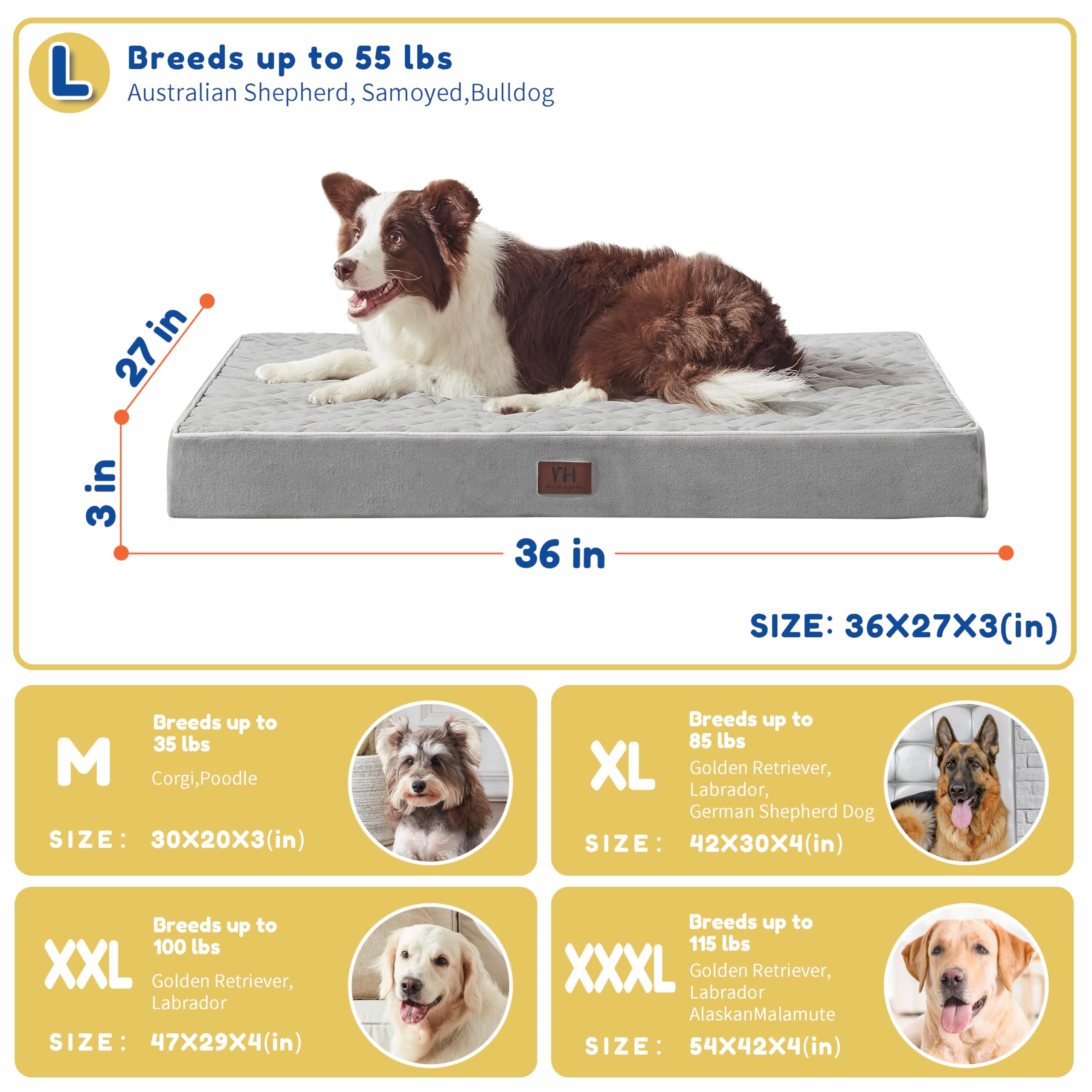 Orthopedic Dog Bed for Large Dogs - XXL XL Medium Size, Removable Washable Cover, Velvet Plush Pet Bed with Anti-Slip Bottom, 36 Inch Grey Kennel Pad - Perfect for Crates, Floors & Senior Dog Joint Support