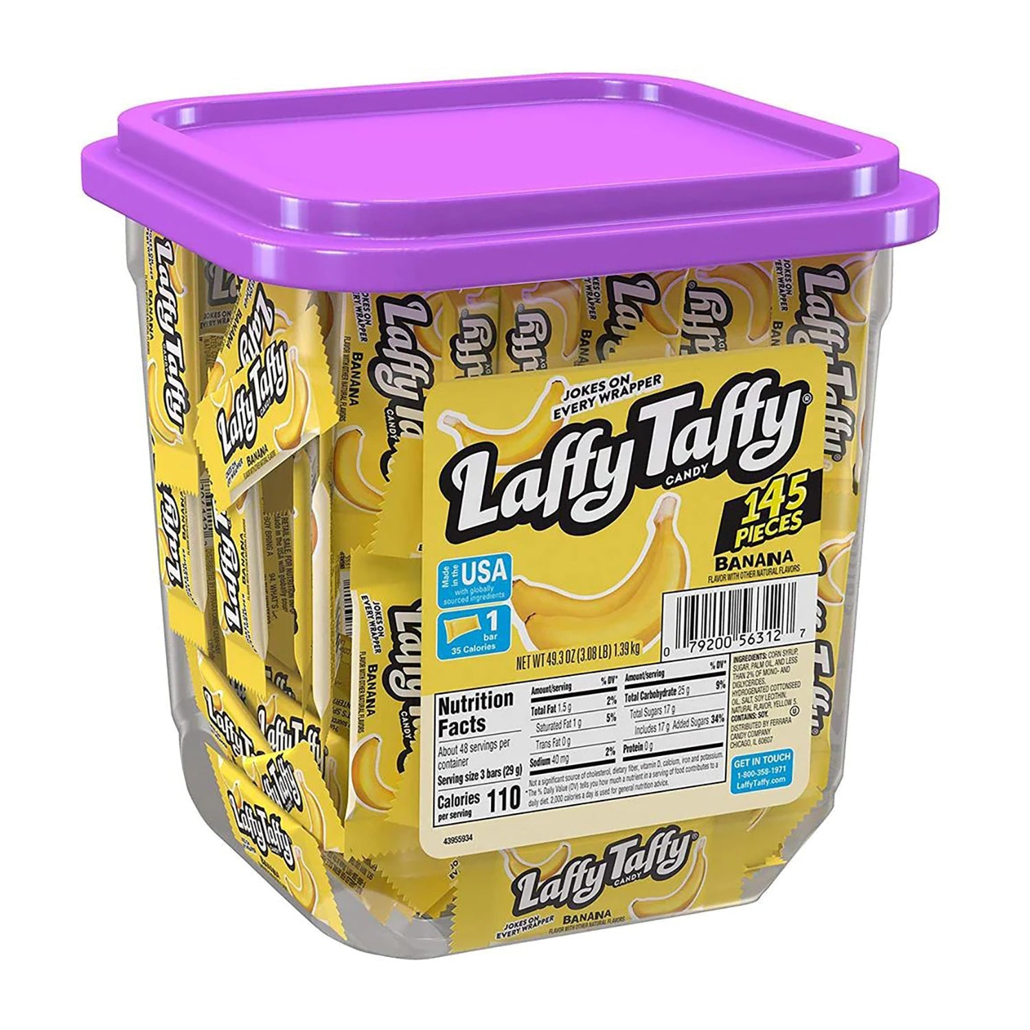 Ferrara Laffy Taffy Banana Candy - 145 Count Bulk Jar | Sweet Banana Flavored Chewy Taffy for Parties, Halloween Treats & Office Snacks