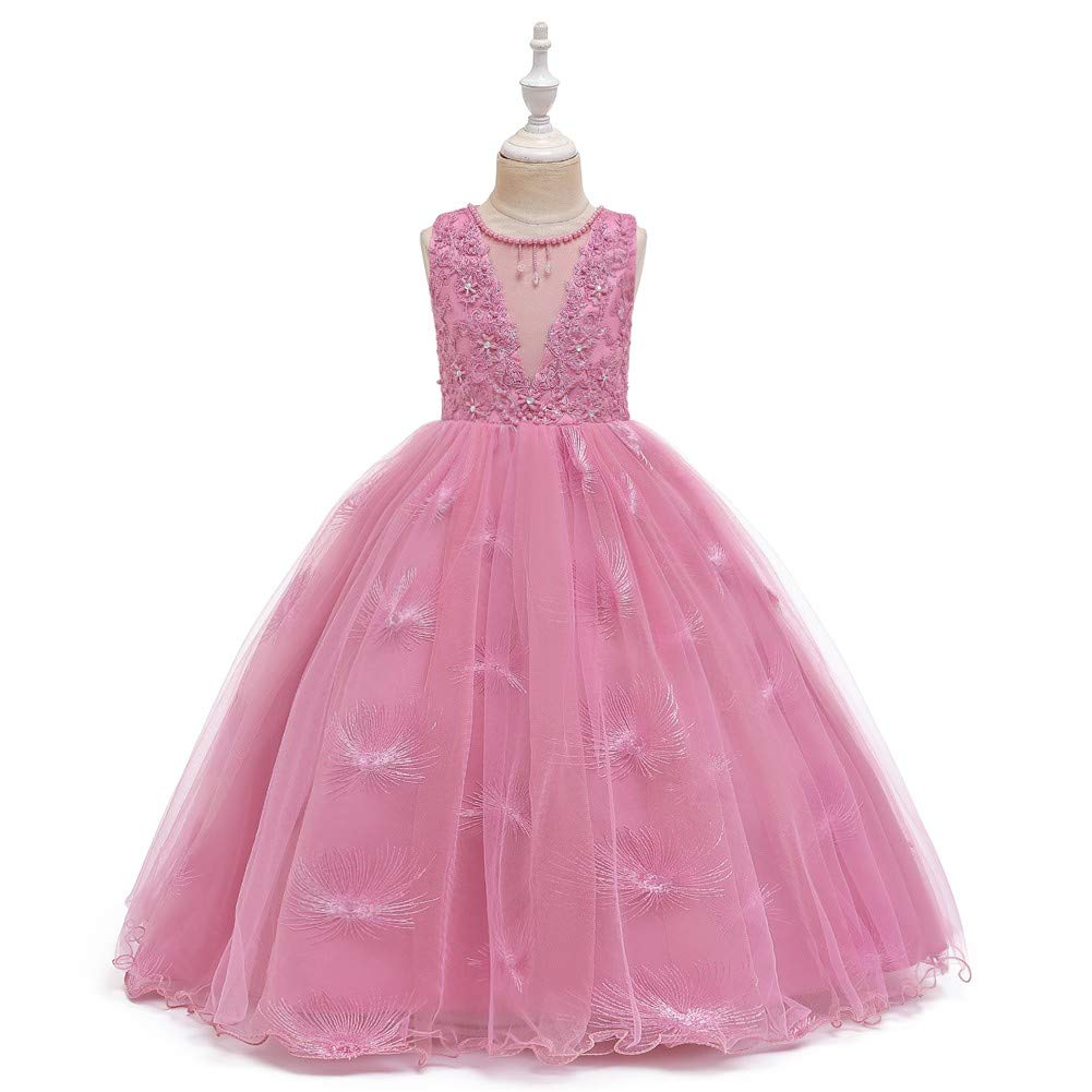 Girls Illusion V-Neck Embroidered Tulle Pageant Dress - Wedding Prom Princess Birthday Party Evening Dance Ball Gown for Pageants Quinceanera First Communion - Flower Girl Baptism Christening Special Occasion Dress