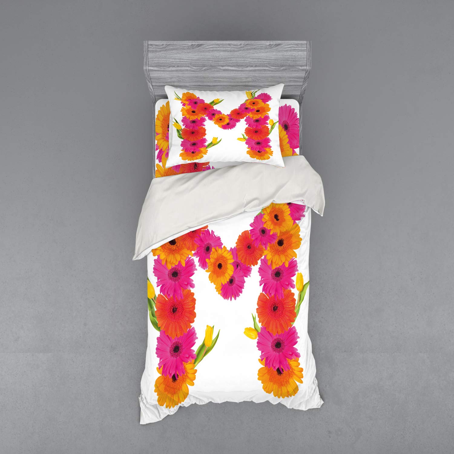 Ambesonne Letter M 3-Piece Twin Size Duvet Cover Set - Pink & Orange Gerbera Flowers & Tulips Blooming Spring Design with Sham & Fitted Sheet | Hot Pink Orange Green Floral Bedding | Perfect for Spring Bedroom Decor, Guest Room Makeover & Dorm Room Essentials