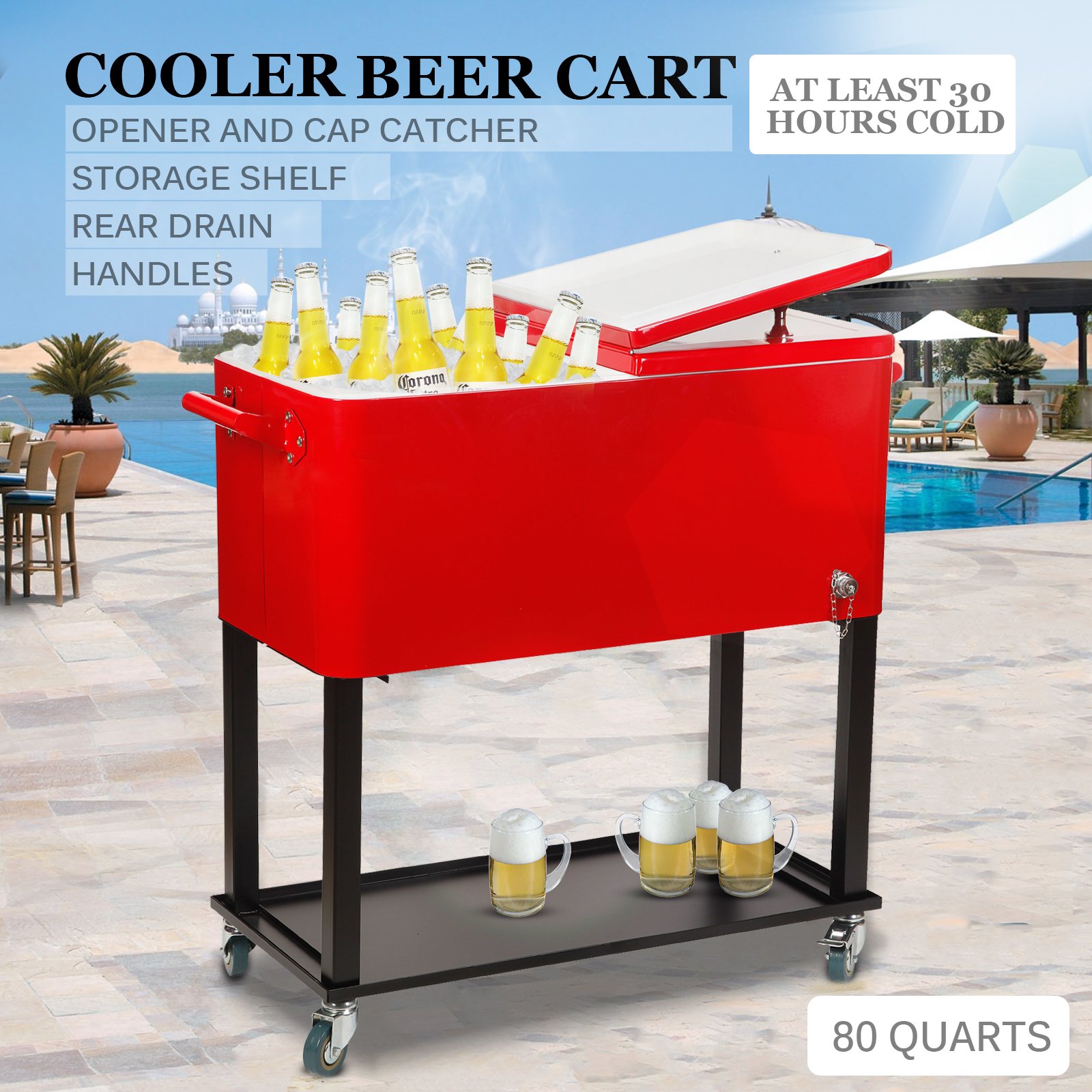 UenJoy 80-Quart Rolling Ice Chest Cooler Cart - Portable Outdoor Party Drink Cooler for Camping, Tailgating, Beach & Backyard BBQs - Red
