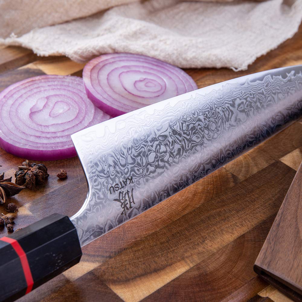 Premium KATSU Damascus Steel Japanese Chef Knife - 8 Inch Handcrafted Kitchen Knife with Octagonal Wood Handle - Wood Sheath & Gift Box Included - Perfect for Sushi, Meat Cutting & Professional Cooking
