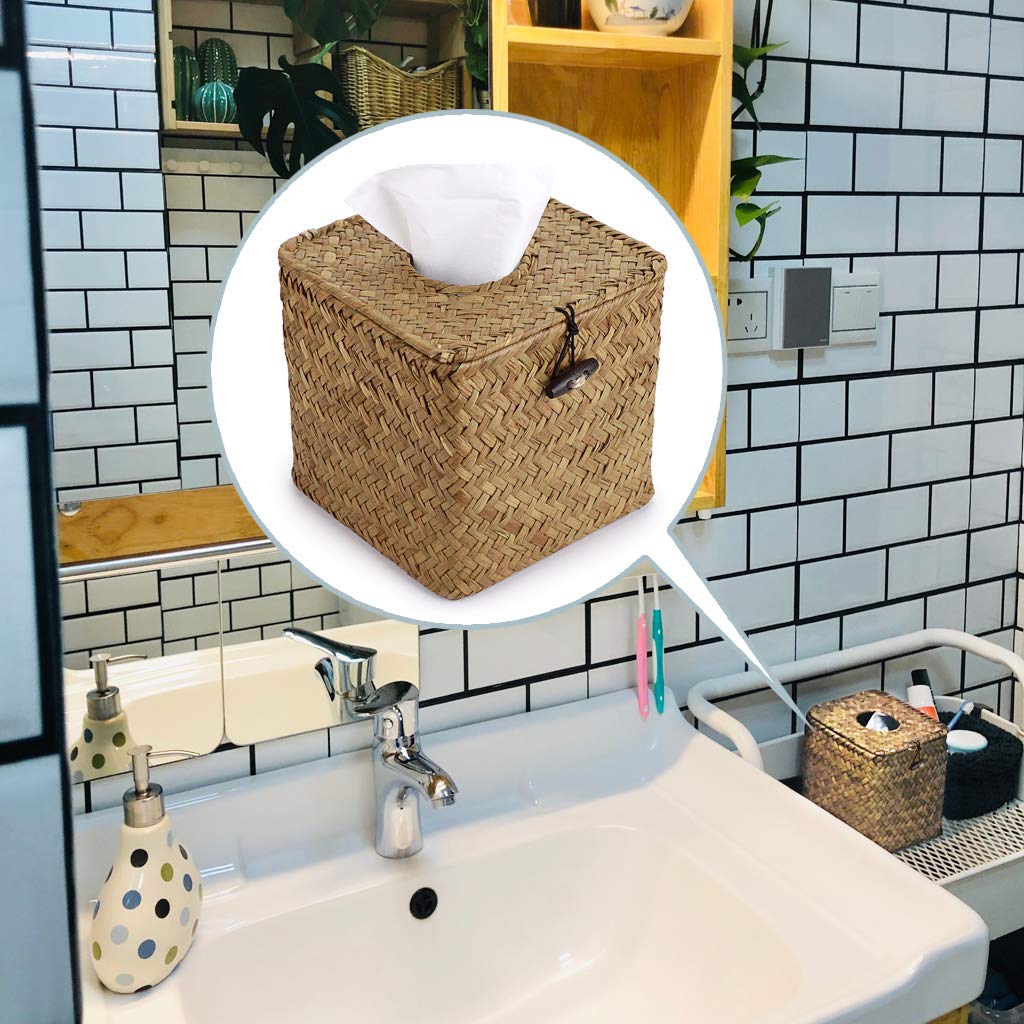 Sumnacon Square Seagrass Tissue Box Cover with Lid - Woven Rustic Cube Tissue Holder for Bathroom, Bedroom, Living Room, Kitchen, Office & Car - Perfect for Home Decor and Gift Giving (Yellow)