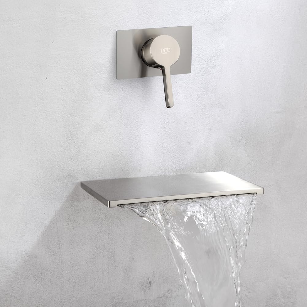 POP SANITARYWARE Brushed Nickel Wall Mounted Waterfall Bathtub Faucet - Single Handle Tub Filler with Valve | Modern Bathroom Upgrade for Spa-Like Experience
