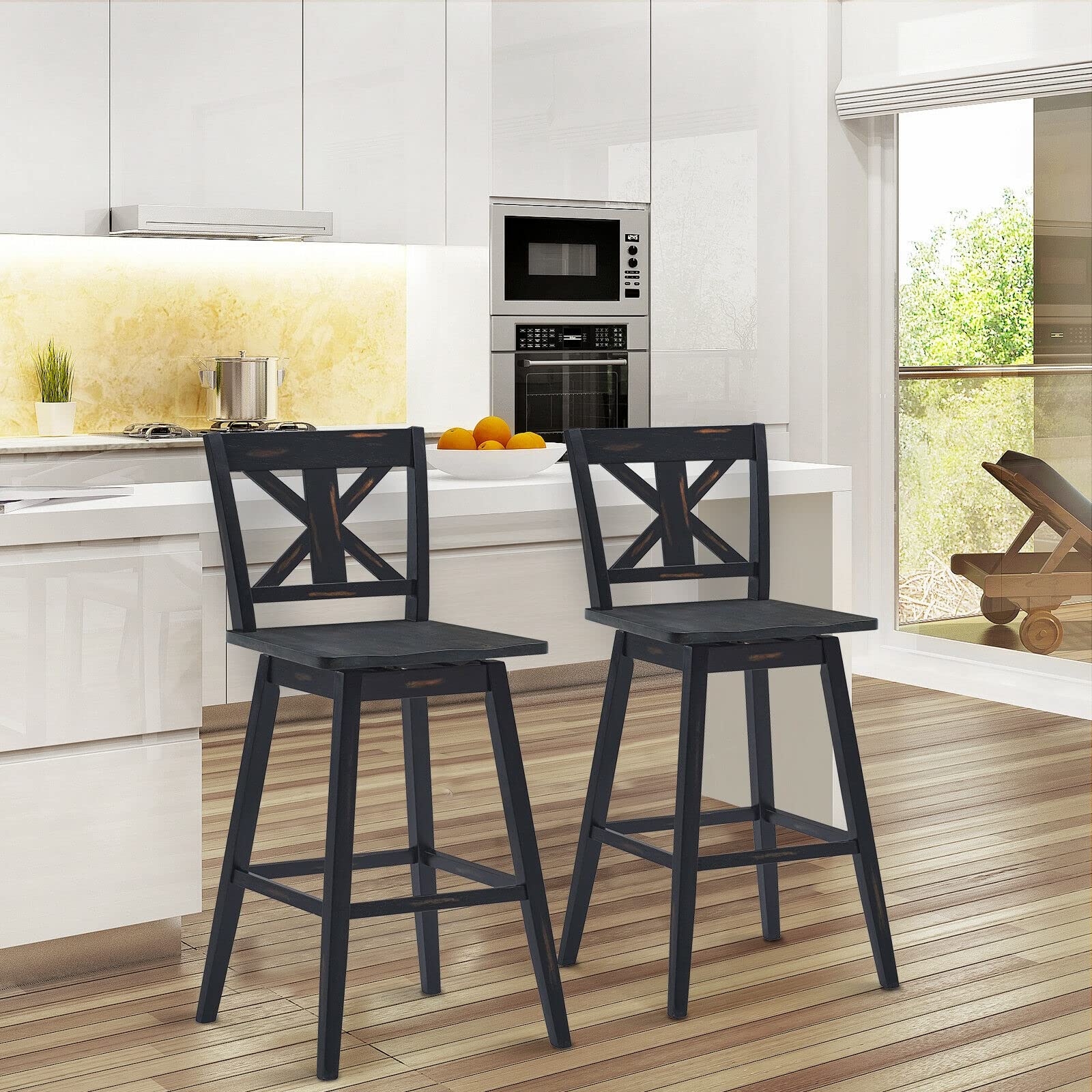 2 Pack 29 Inch Counter Height Swivel Bar Stools with Back - 360 Degree Rotating Wood Bar Stools with Solid Wood Legs for Kitchen Island, Breakfast Nook & Home Bar - Black Modern Kitchen Stools (Set of 2)