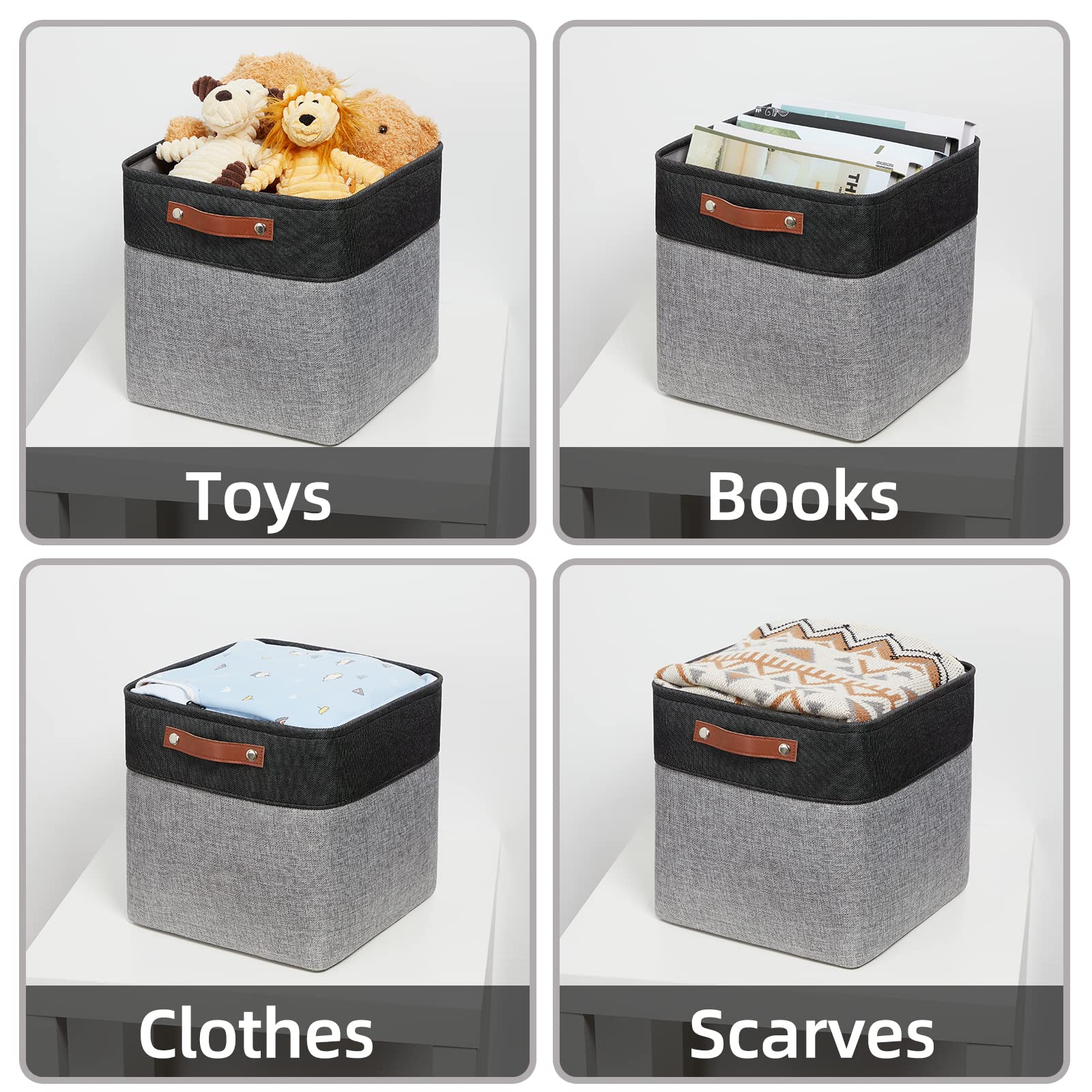 HNZIGE 11x11 Inch Fabric Cube Storage Bins - Set of 4 Foldable Organizer Baskets with Handles for Shelves, Closet, Nursery & Bedroom - Perfect for Home, Toy & Clothes Organization (Black & White)