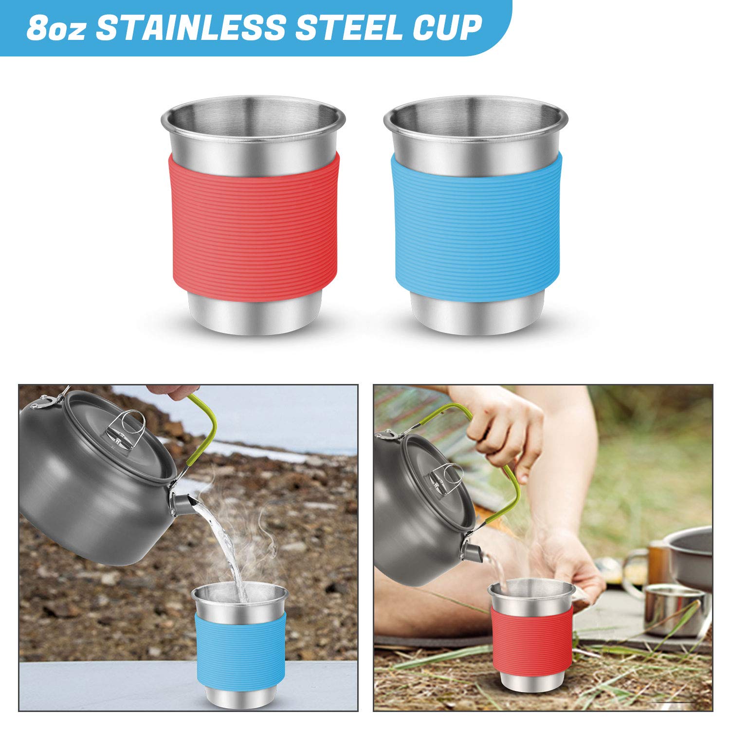 Odoland 16-Piece Camping Cookware Set with Folding Stove - Non-Stick Lightweight Pots, Pans, Stainless Steel Cups, Plates, Forks & Spoons - Perfect for Camping, Backpacking, Hiking & Outdoor Cooking Adventures