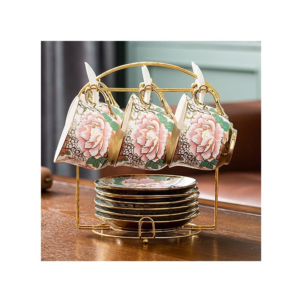 Premium Porcelain Tea Cup Set - 6-Piece Bone China Coffee Cups with Saucers, Spoons & Metal Stand - Elegant Cappuccino Cups for Home, Office & Gifts - Perfect for Afternoon Tea, Coffee Breaks & Hostess Gifts