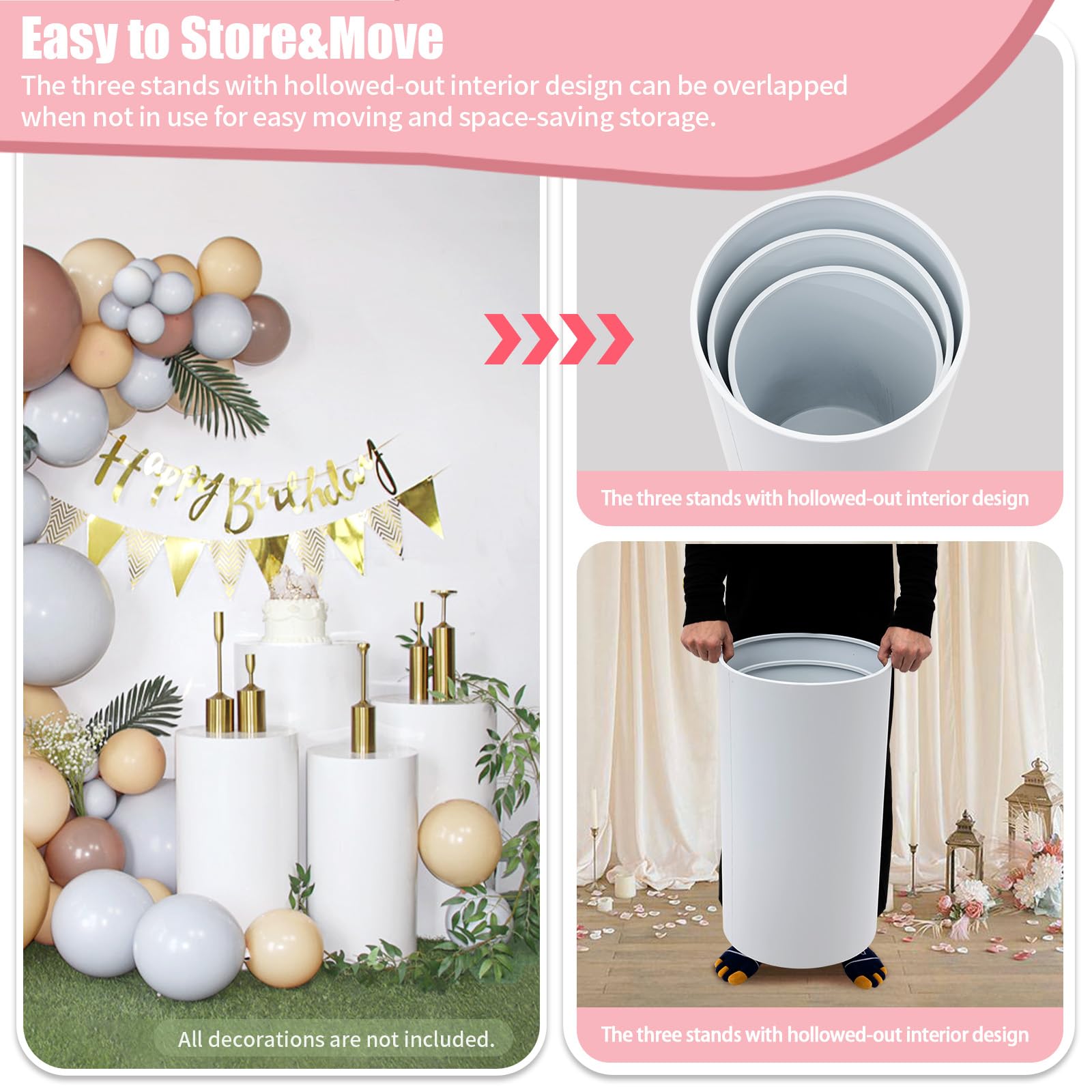 3Pcs White Cylindrical Display Stands for Cake, Flowers & Decor - Wedding, Party & Event Pedestal Stands - Perfect for Dessert Tables, Centerpieces & Home Decor