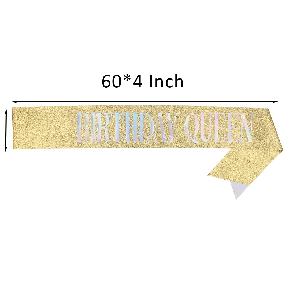Gold Birthday Queen Crown & Sash Set for Women - Rhinestone Tiara Headband & Sash for Girls Birthday Party - Princess Birthday Accessories for Bachelorette, Birthday Bash & Special Occasions