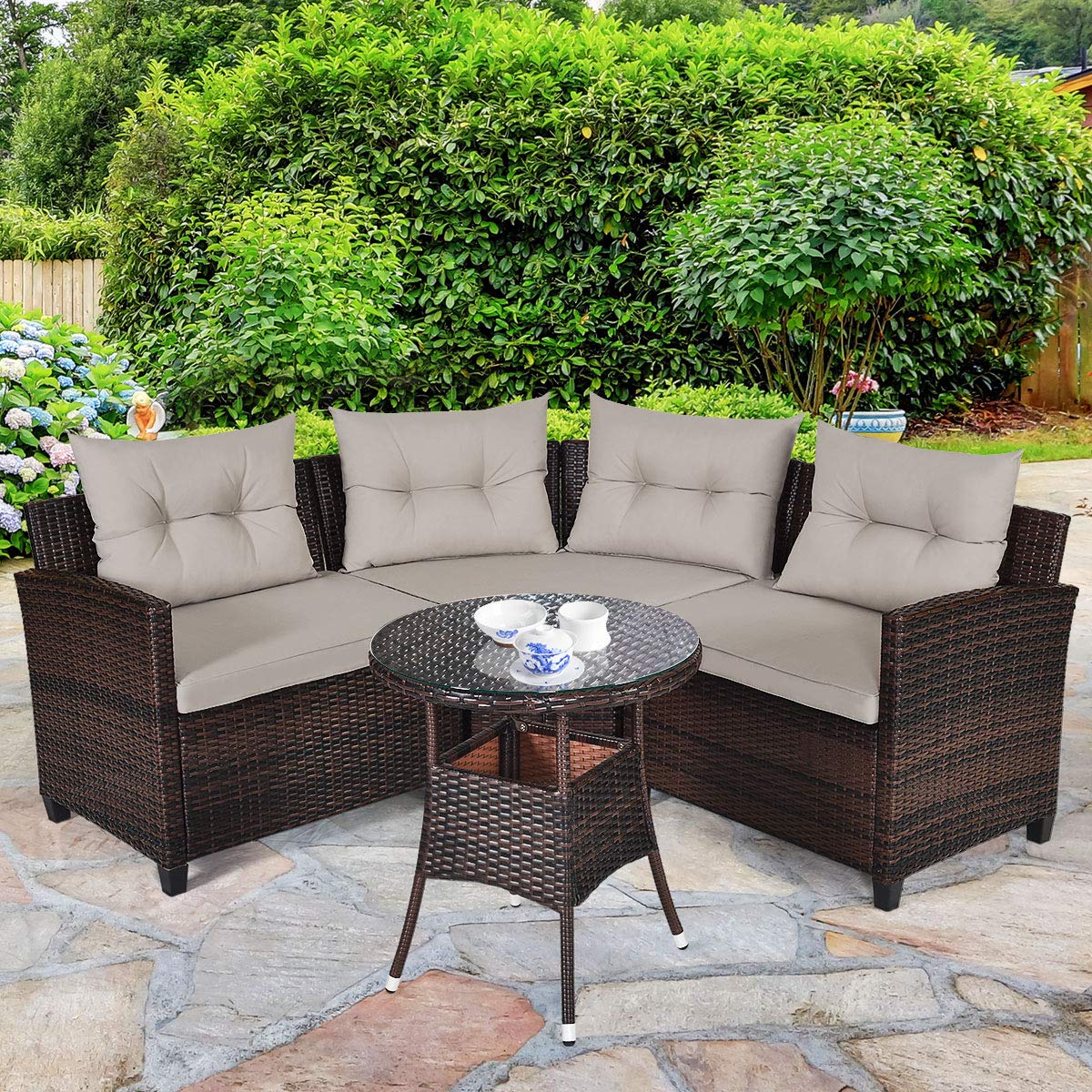 Tangkula 4-Piece Outdoor Patio Furniture Set - Modern C-Shaped Wicker Sectional Sofa with Cushions & Glass Coffee Table, Water-Resistant Rattan Deck Set for Garden, Poolside, Balcony, Backyard (Beige) | Perfect for Lounging, Entertaining & Relaxing Outdoors