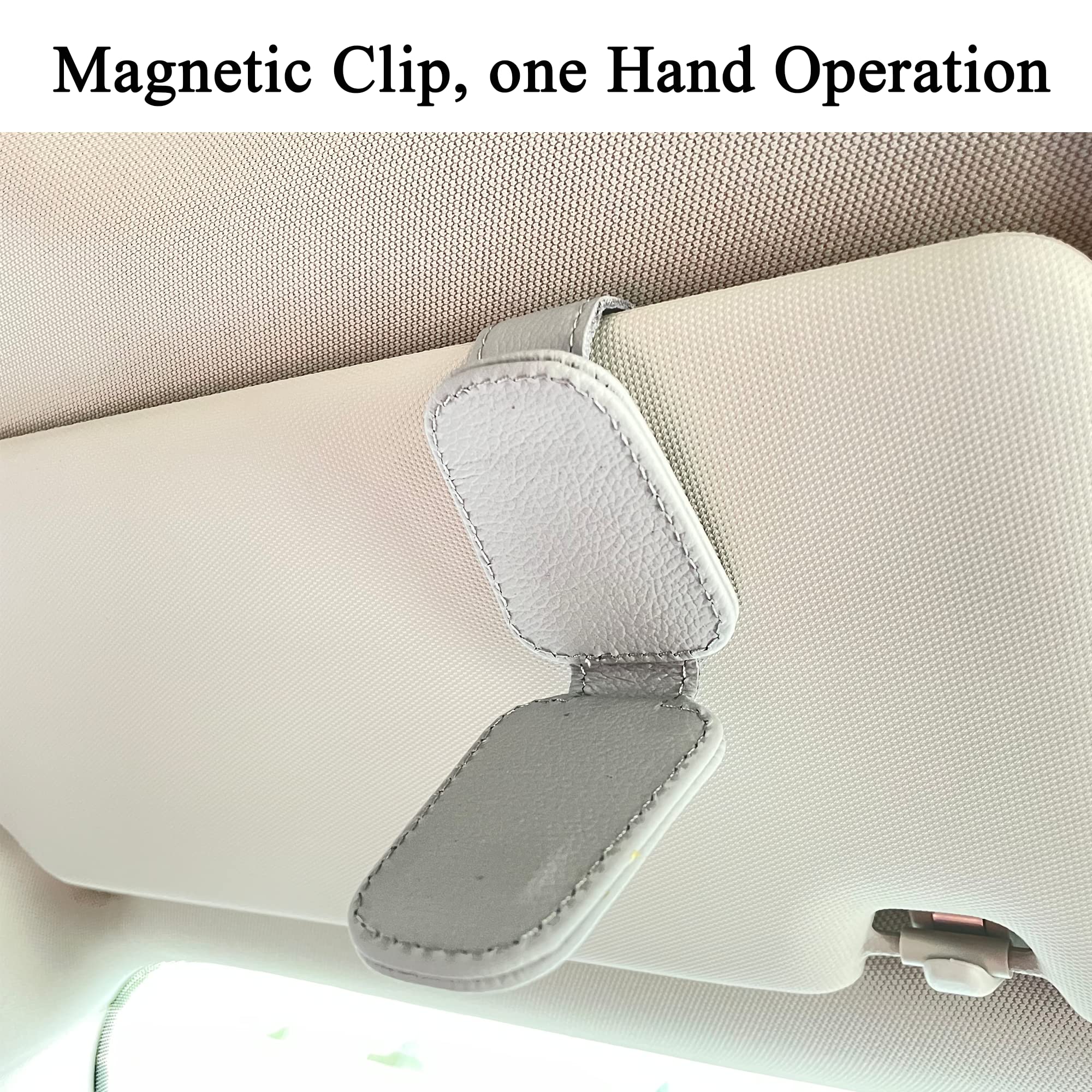 Magnetic Leather Sunglasses Holder for Car Visor - KIWEN Eyeglass Clip with Ticket & Card Holder - Car Accessories Organizer (Grey) - Perfect for Driving, Road Trips & Daily Commute