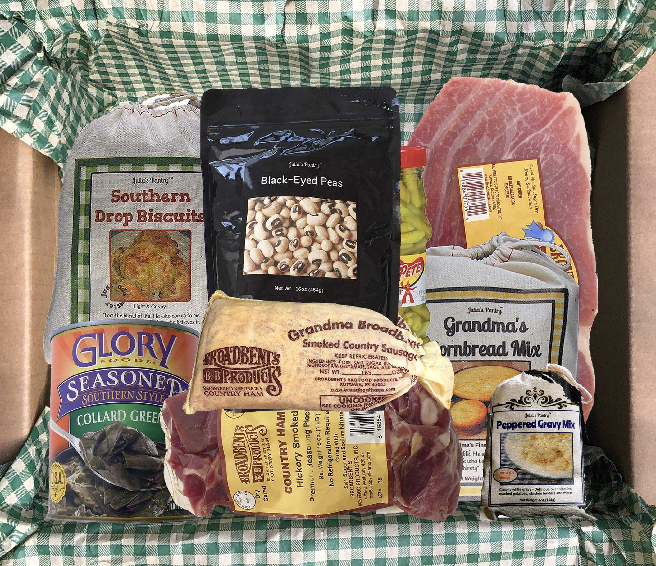 Julia's Pantry Country Supper - 1lb Hickory Smoked Country Ham Steaks, 1lb Seasoned Pieces & 1lb Country Sausage with Biscuits, Black Eyed Peas, Collards, Cornbread, Peppered Gravy & Pepper Sauce | Southern Comfort Food Meal Kit for Family Dinners & Holiday Gatherings