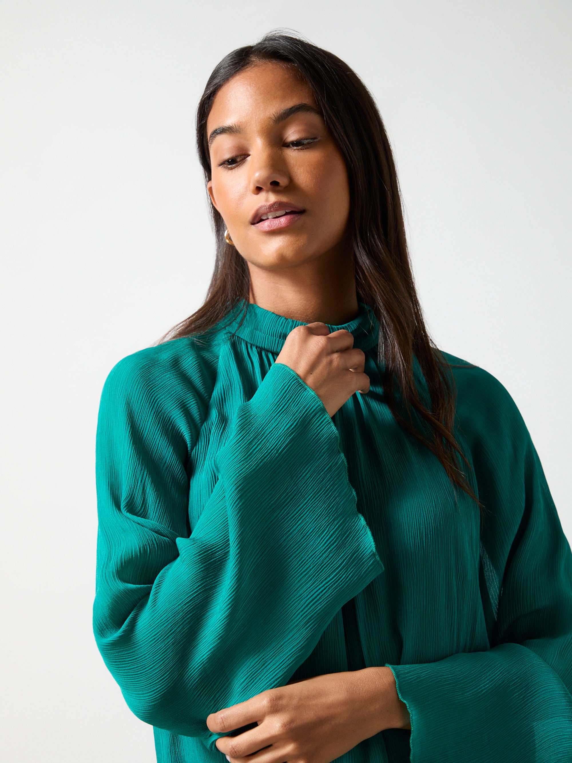 Stylish Teal Crinkle Flared Sleeve Blouse for Women | Trendy Office & Party Wear | Perfect for Work, Date Night & Special Occasions