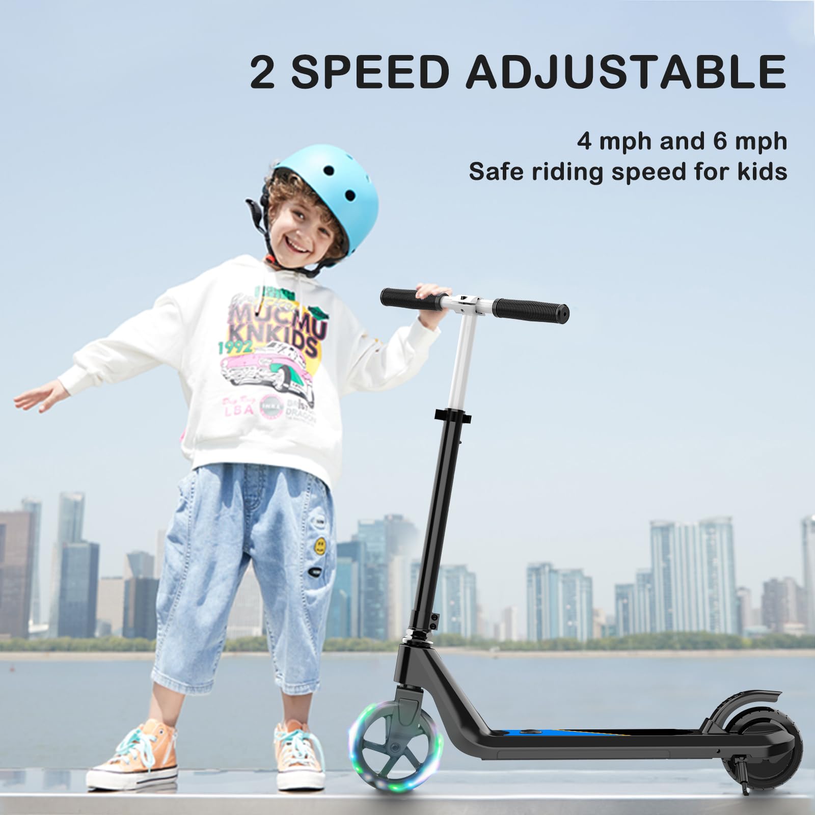 Best Electric Scooter for Kids Ages 6-10 - Adjustable Speed & Height Kick Scooter with LED Wheel & Deck Lights - Perfect for Commuting to School, Park Rides & Neighborhood Fun
