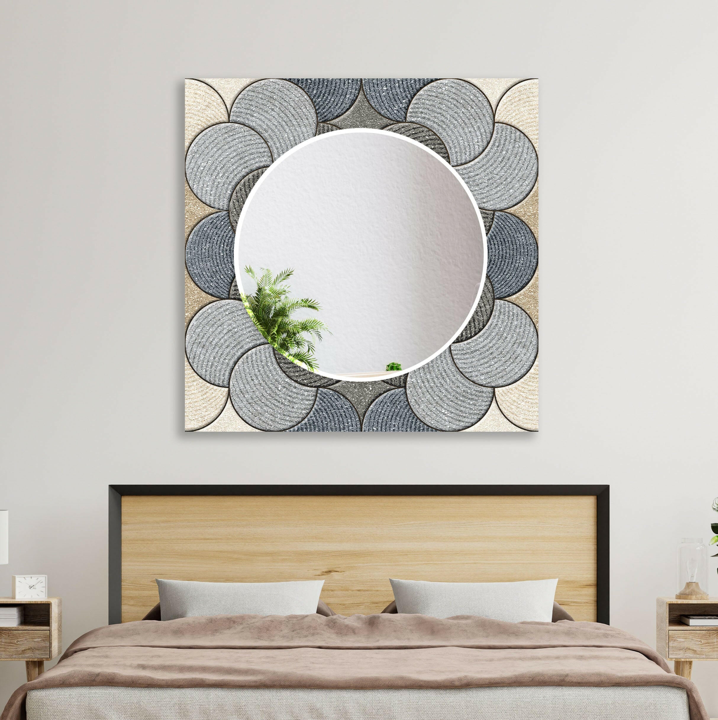 Modern Beige and Gray Circles Design Wall Mirror - Stylish Round Decorative Mirror for Living Room, Bedroom, or Entryway Decor