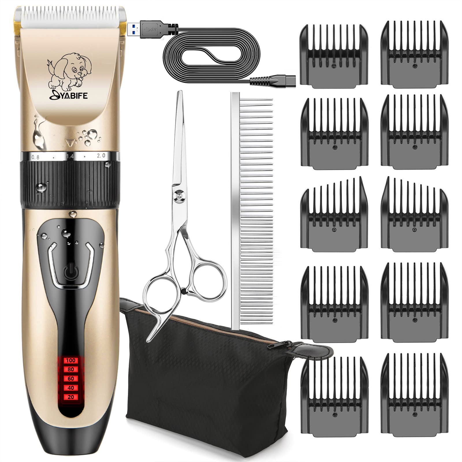 YABIFE USB Rechargeable Cordless Dog & Cat Grooming Kit - Quiet Electric Pet Hair Trimmer with LED Display, Washable Clippers for Dogs & Cats - Perfect for Home Grooming & Professional Pet Care (Yellow)