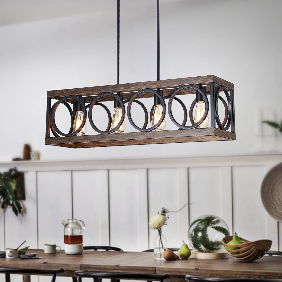 XINGQI Black Kitchen Island Light Fixture - Farmhouse Rectangular Linear Chandelier with Wood Grain Finish | 4-Light Pendant Ceiling Lighting for Dining Room, Bar, Office & Coffee Shop | Perfect for Modern Rustic & Industrial Decor