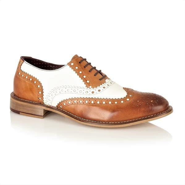London Brogue Gatsby Men's Dress Shoes in Tan/White - Classic Wingtip Oxfords for Formal & Business Wear
