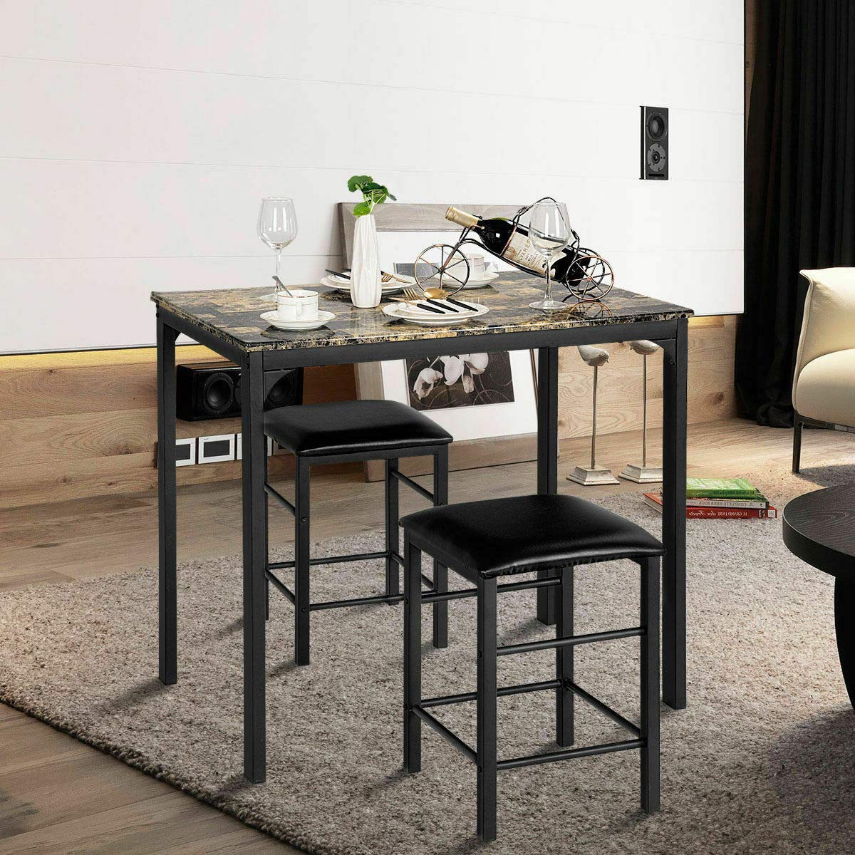 Black Faux Marble Counter Height Dining Set - 2 Chairs & Table for Kitchen, Bar, Breakfast Nook - Modern 3-Piece Kitchen Furniture Set for Small Spaces & Apartments