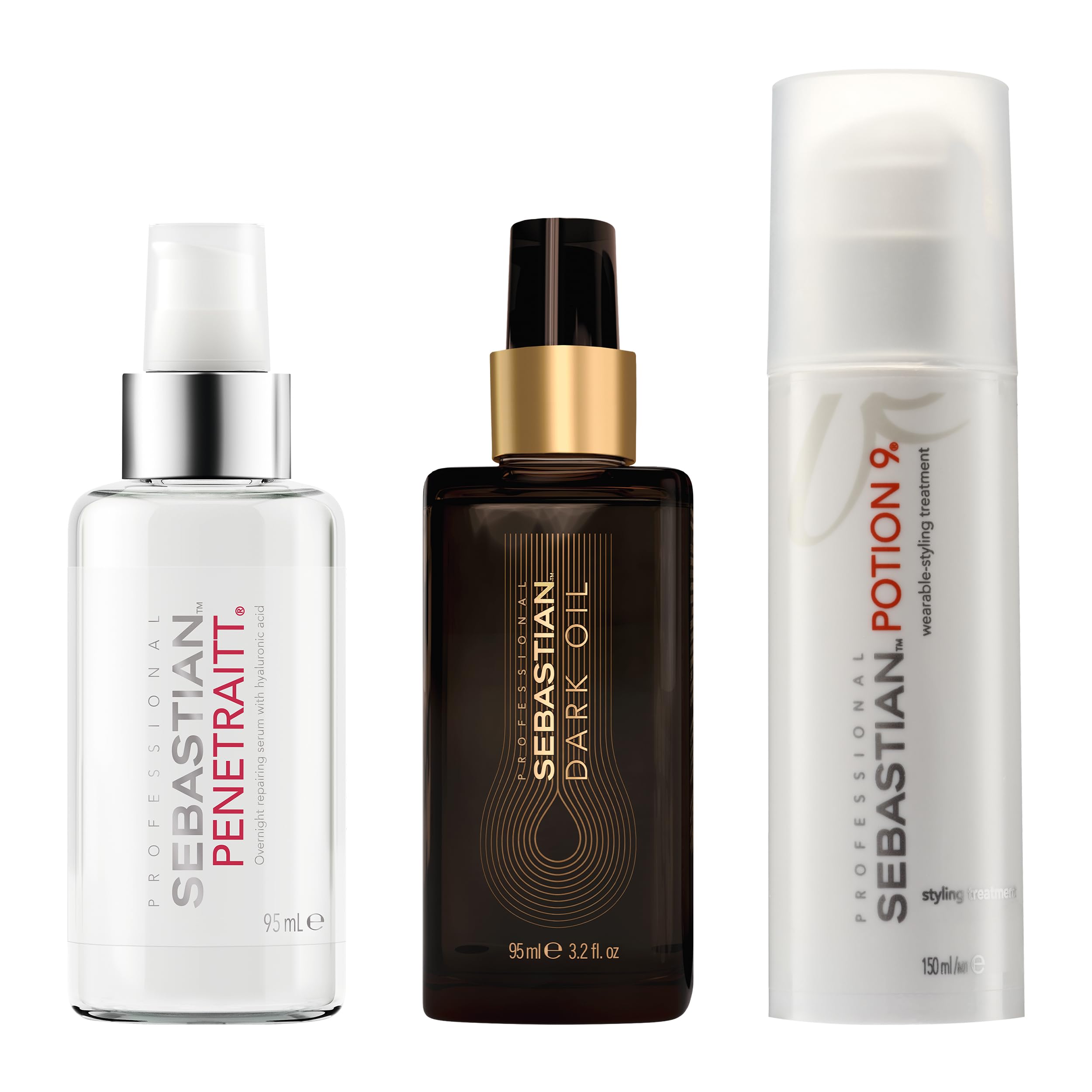 Sebastian Professional Penetraitt Overnight Repair Serum & Dark Oil Lightweight Styling Oil Set - 3.2oz Hair Treatment with Potion 9 Leave-in Conditioner 5.1oz | Repair Damaged Hair for Smooth, Shiny Locks | Perfect for Nighttime Hair Care & Daily Styling