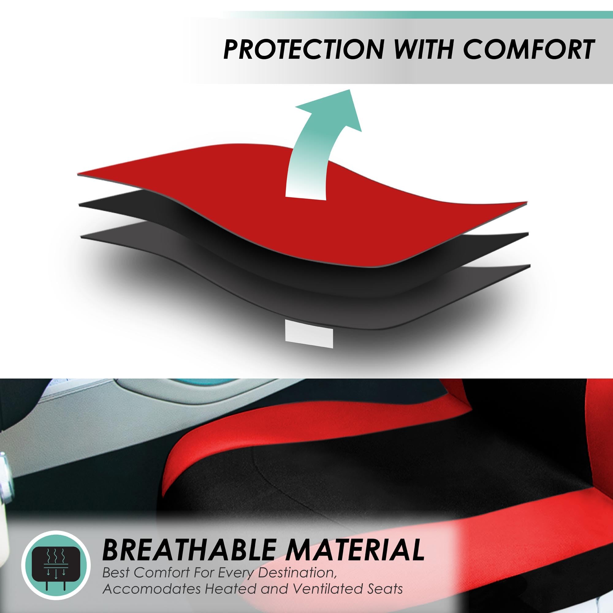 FH Group Light & Breezy Cloth Full Set Car Seat Covers Combo - Universal Fit for Cars, Trucks & SUVs (Steering Wheel Cover, Seat Belt Pads, Black Vinyl Floor Mats) - Red/Black - Perfect for Road Trips & Daily Commute