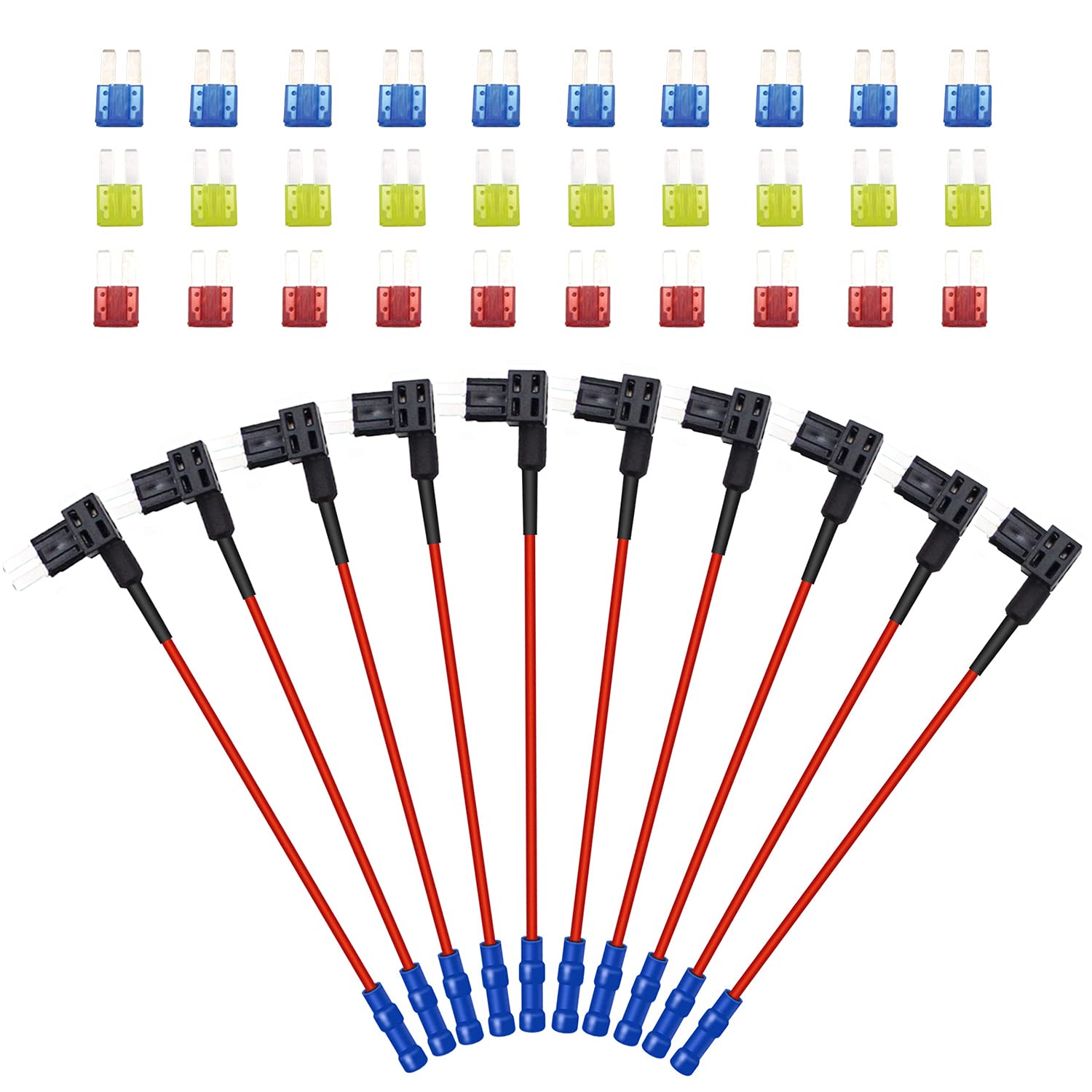 10 Pack 12V Car Add-A-Circuit Fuse Tap Adapter - Micro II & Micro 2 APT/ATR Blade Fuse Holder with 10A/15A/20A Fuses - Compatible with Cars, Trucks, Boats - Perfect for Audio Systems, LED Lights & Accessories Installation
