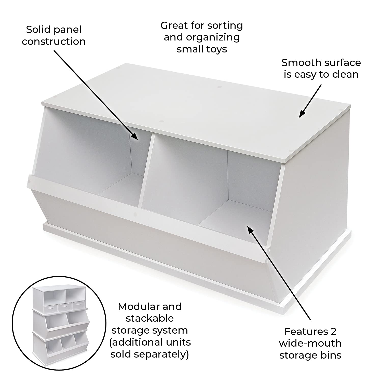 Badger Basket Two-Bin Stackable Storage Cubby – White Modular & Expandable Organizer for Toys, Crafts, Kids Room & Playroom Organization