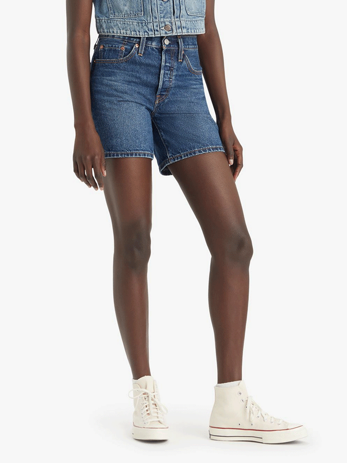 Levi's Women's 501 Mid Thigh Denim Shorts - Classic Fit, Distressed Wash | Perfect for Summer Outfits, Casual Wear & Beach Vacations