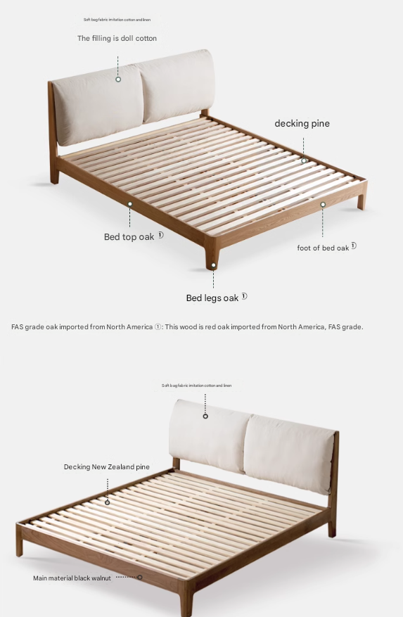 Solid Oak and Black Walnut Wood Fabric Soft Bed - Premium Handcrafted Wooden Bed Frame for Bedroom, Durable and Stylish Home Furniture for Master Bedroom, Guest Room, or Kids Room