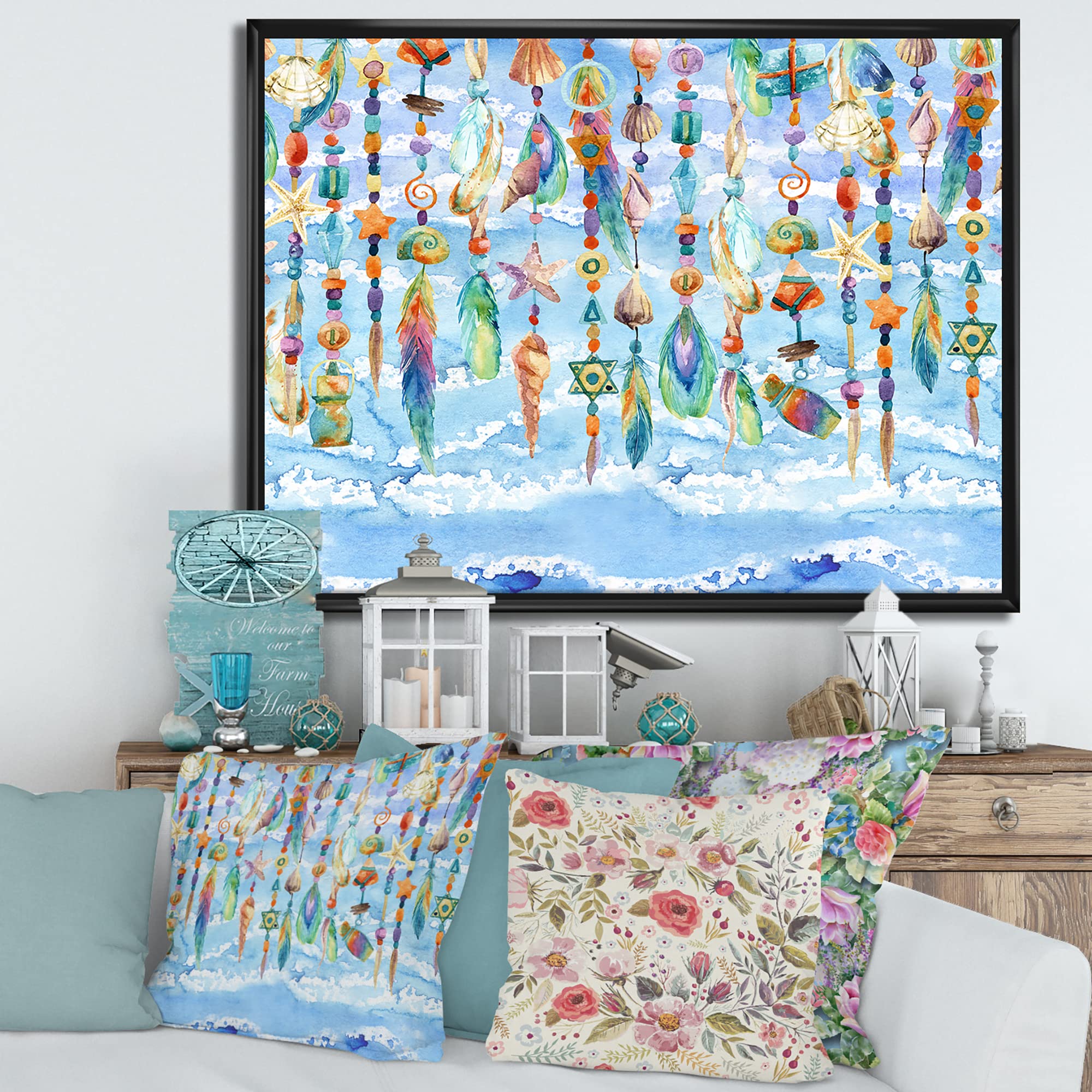 DesignQ Sea Shell & Bead Jewelry Wall Art - Handmade Traditional Framed Canvas Print for Beach House Decor, Coastal Living Room, Bedroom & Office Wall Decor