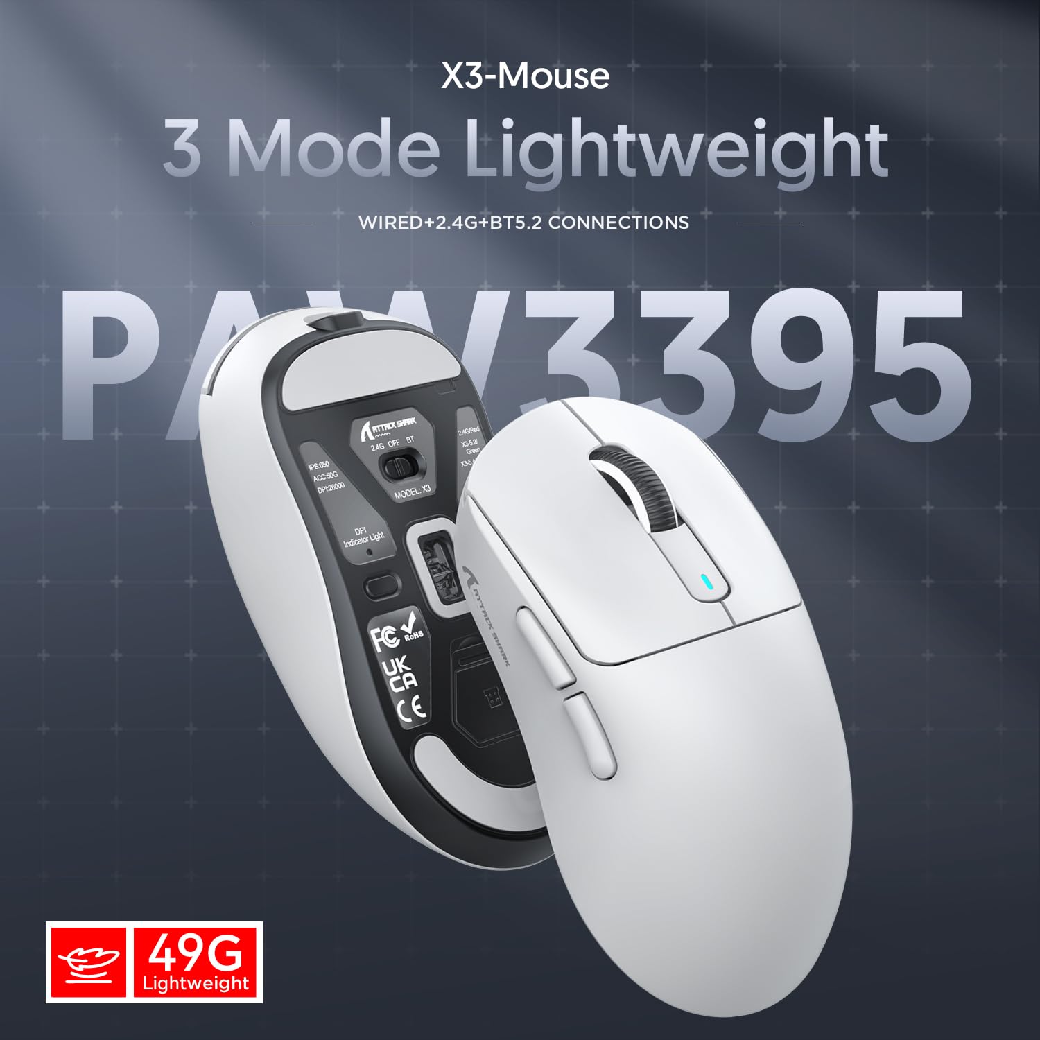 Attack Shark X3 49g Ultralight Wireless Gaming Mouse - PixArt PAW3395 Sensor, 26000 DPI, BT/2.4G/Wired, 200H Battery - for Win11/Xbox/PS5/Mac - Perfect for FPS, MOBA & Office Work (White)