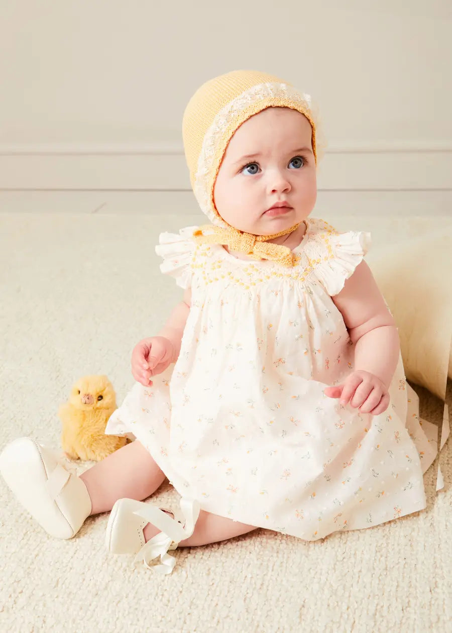 Esme Floral Hand Smocked Sleeveless Baby Dress with Bloomers - White (1-12 Months) | Perfect for Photoshoots, Special Occasions & Everyday Wear