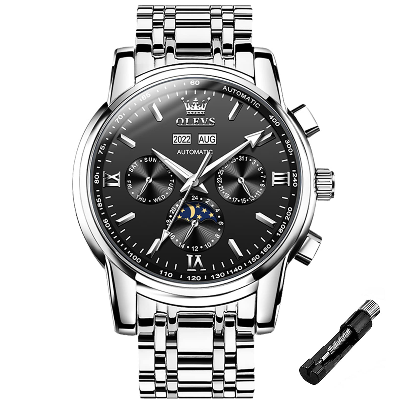 OLEVS Men's Automatic Mechanical Watch - Waterproof Stainless Steel Business Chronograph with Day Date Year & Moon Phase Display - Luminous Wristwatch for Men | Perfect for Office, Formal Events & Daily Wear